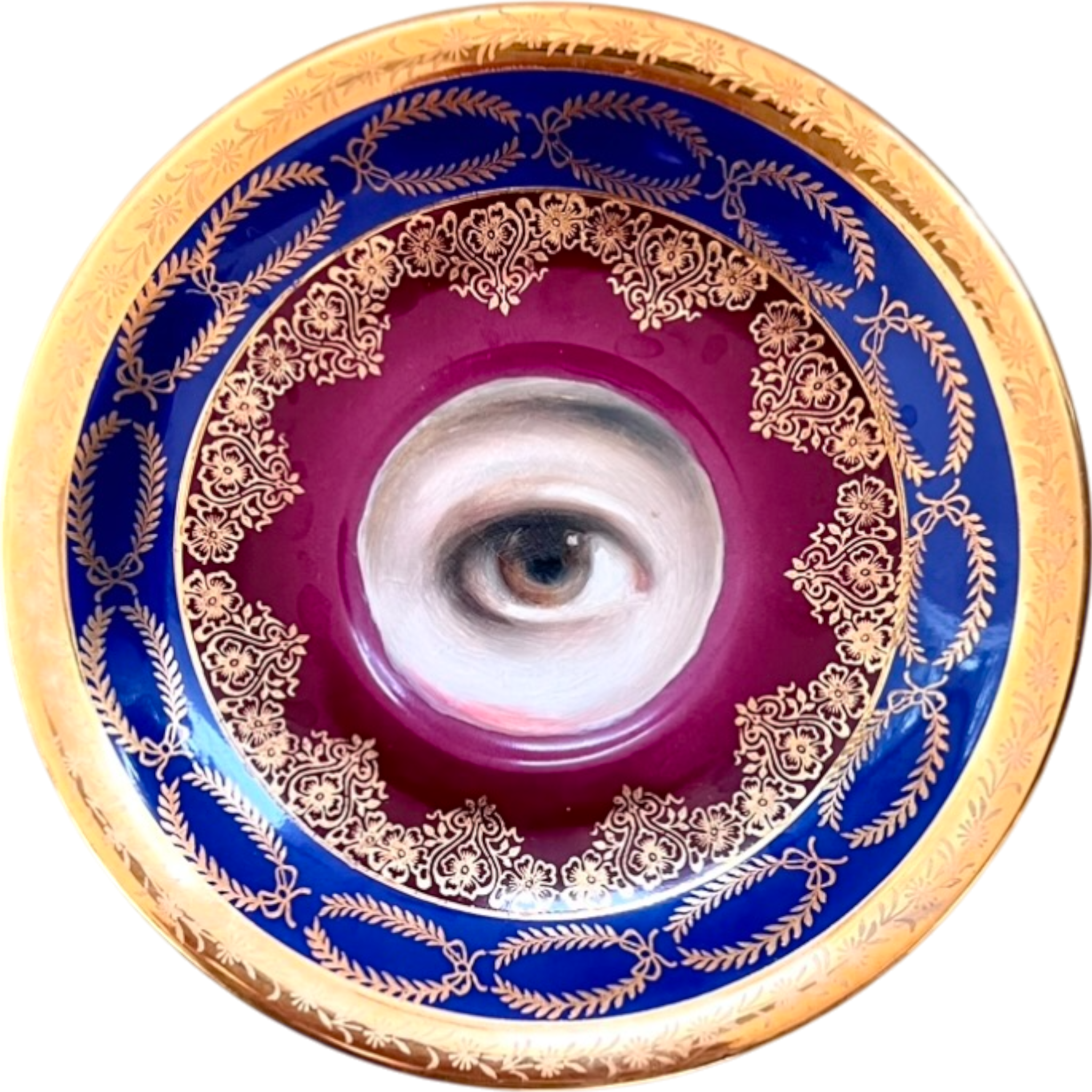 No. 2491 Lover's Eye Painting on a Mini Bavarian Red, Blue, and Gold Plate