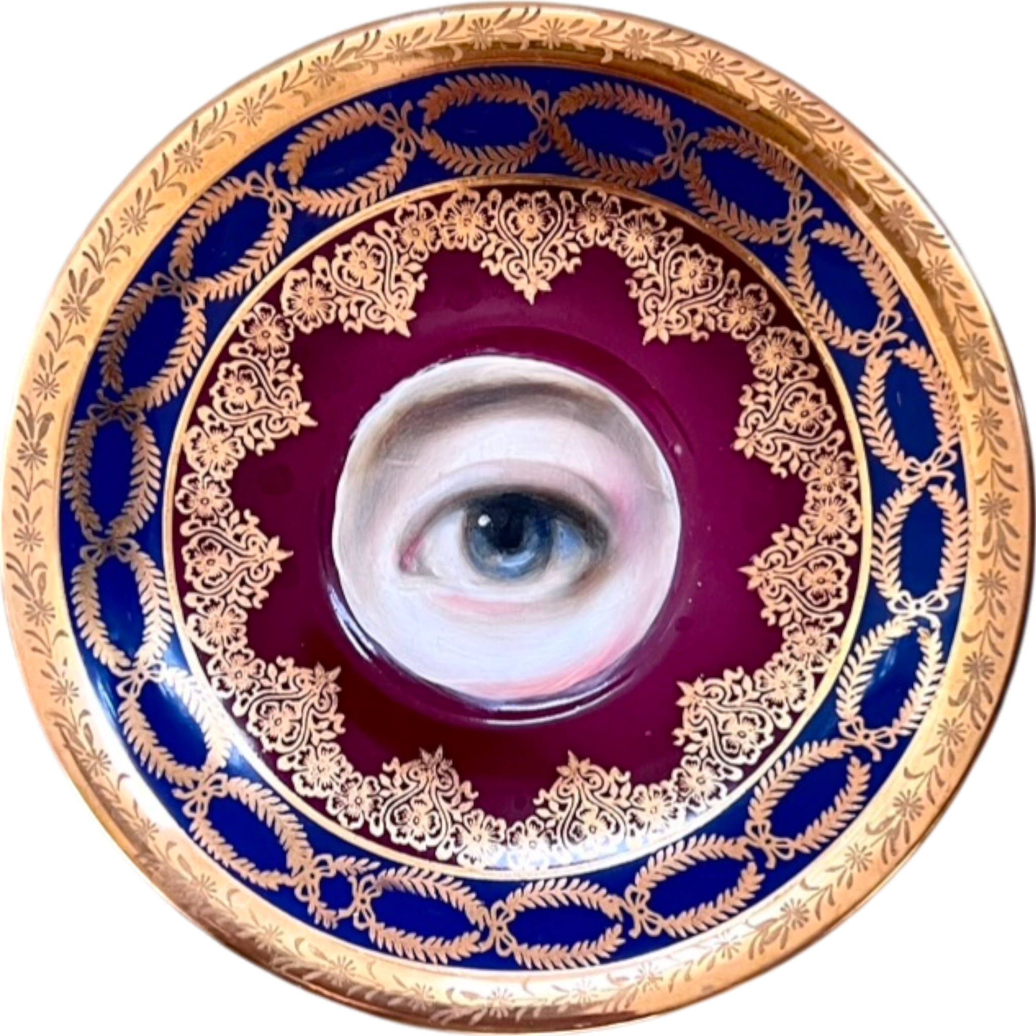 No. 2492 Lover's Eye Painting on a Mini Bavarian Red, Blue, and Gold Plate