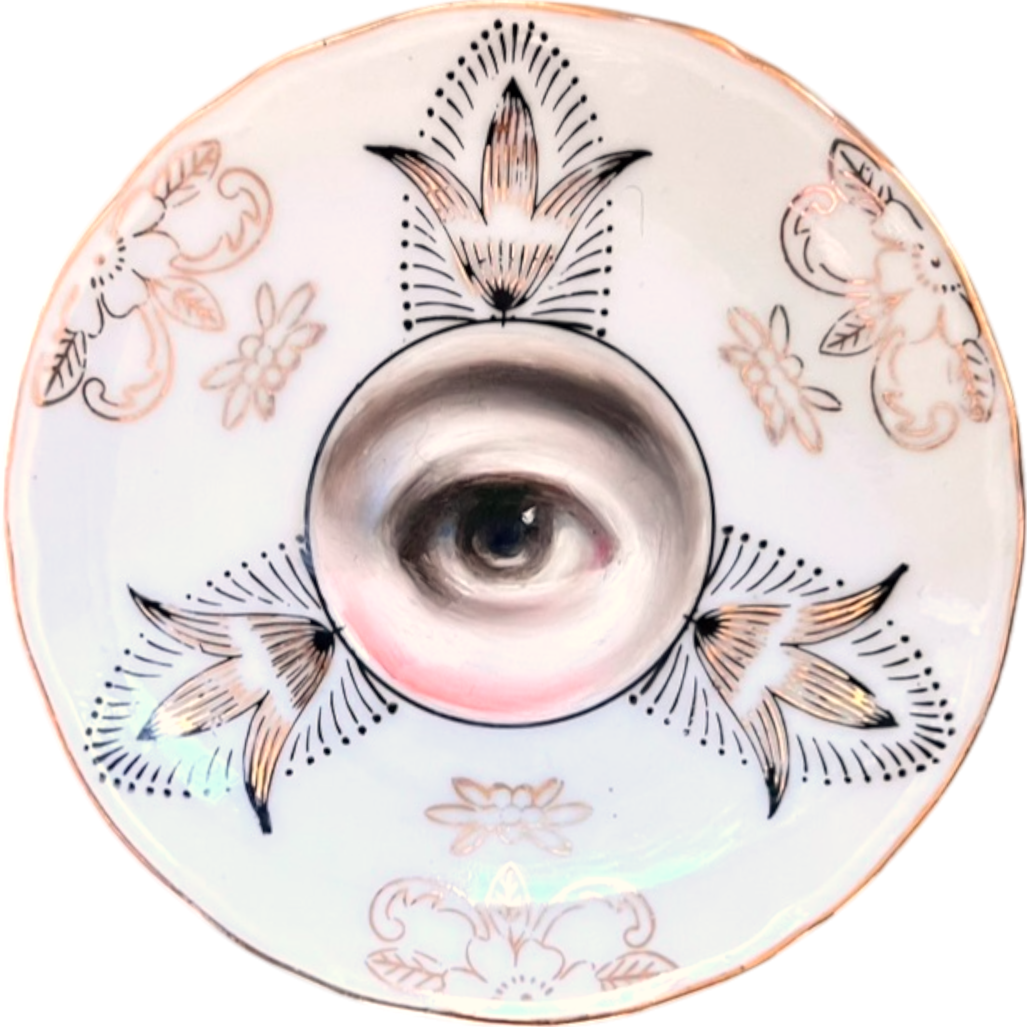 No. 2485 Lover's Eye Painting on a Mini Black, White, and Gilt Plate