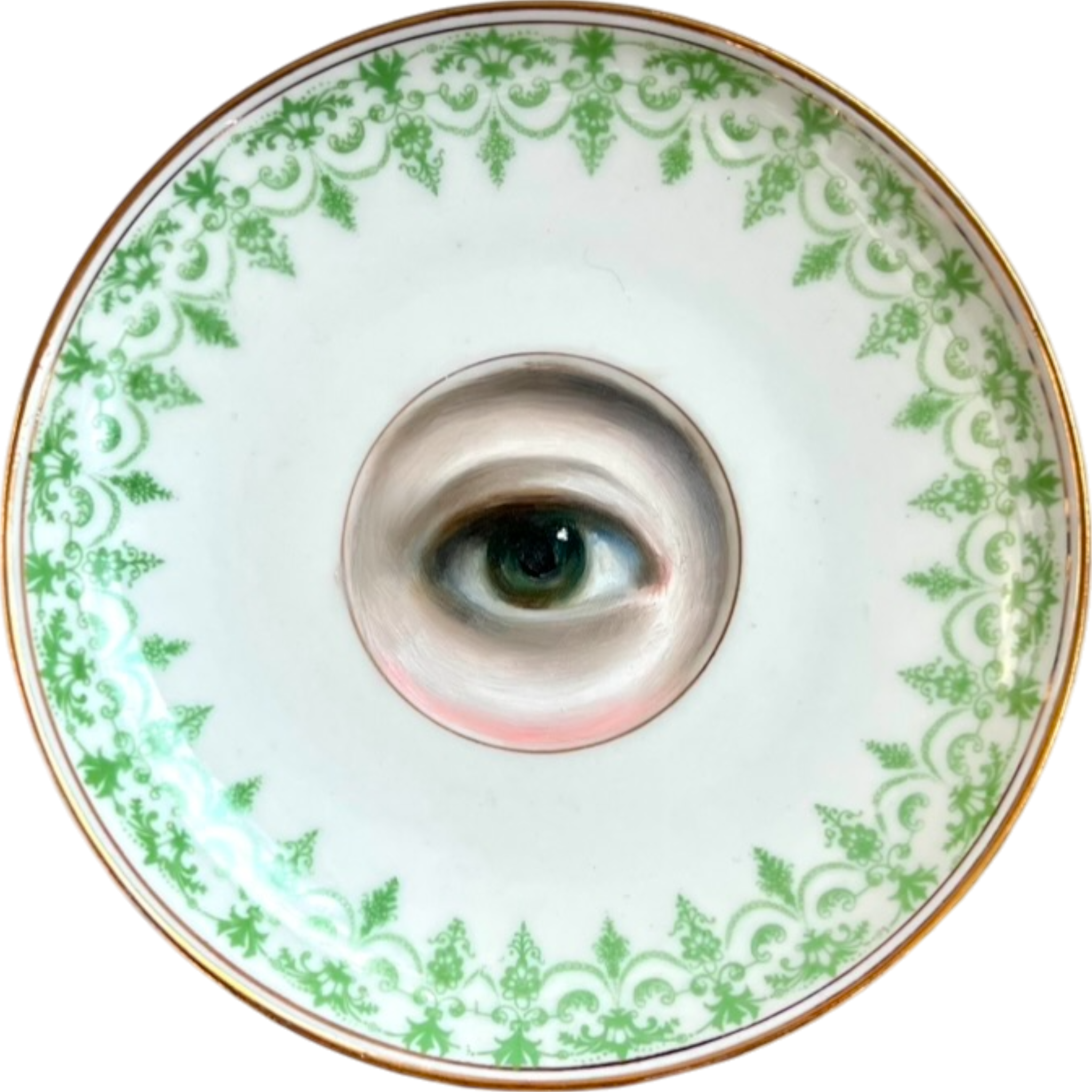 No. 2465 Lover's Eye Painting on a Mini French Limoges Green Border Plate