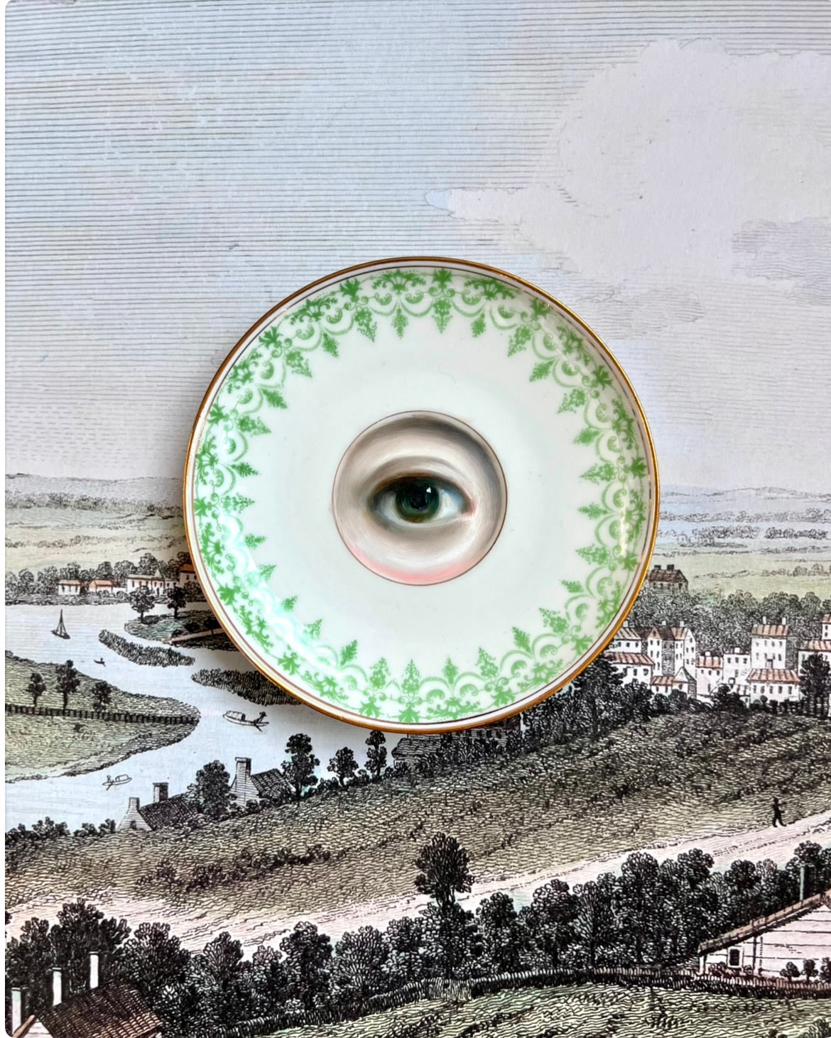 No. 2465 Lover's Eye Painting on a Mini French Limoges Green Border Plate