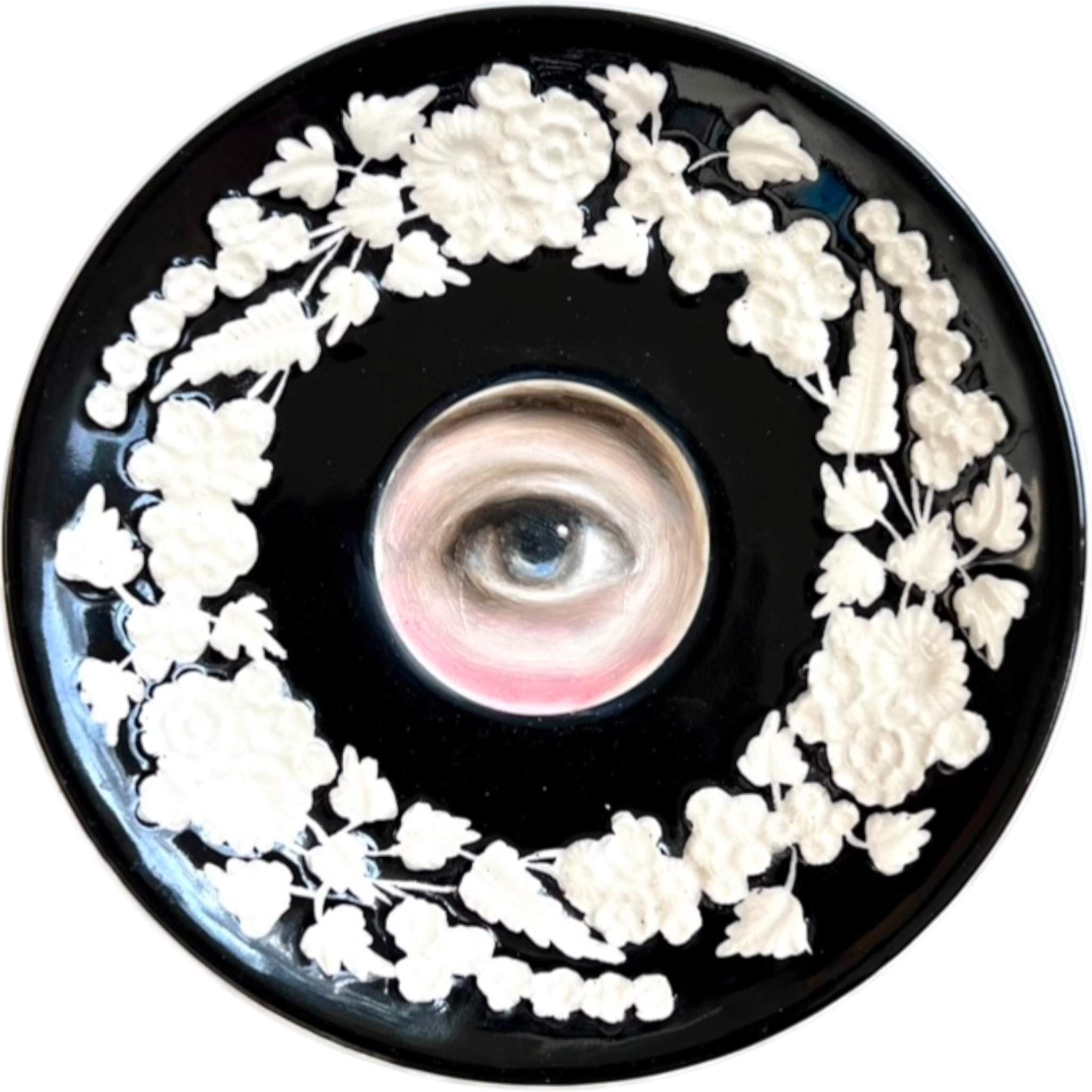 No. 2494 Lover's Eye Painting on a Mini English Black and White Floral Plate