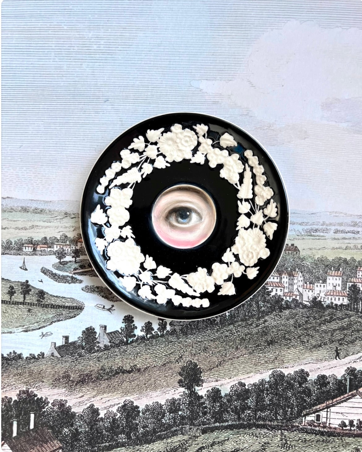 No. 2494 Lover's Eye Painting on a Mini English Black and White Floral Plate