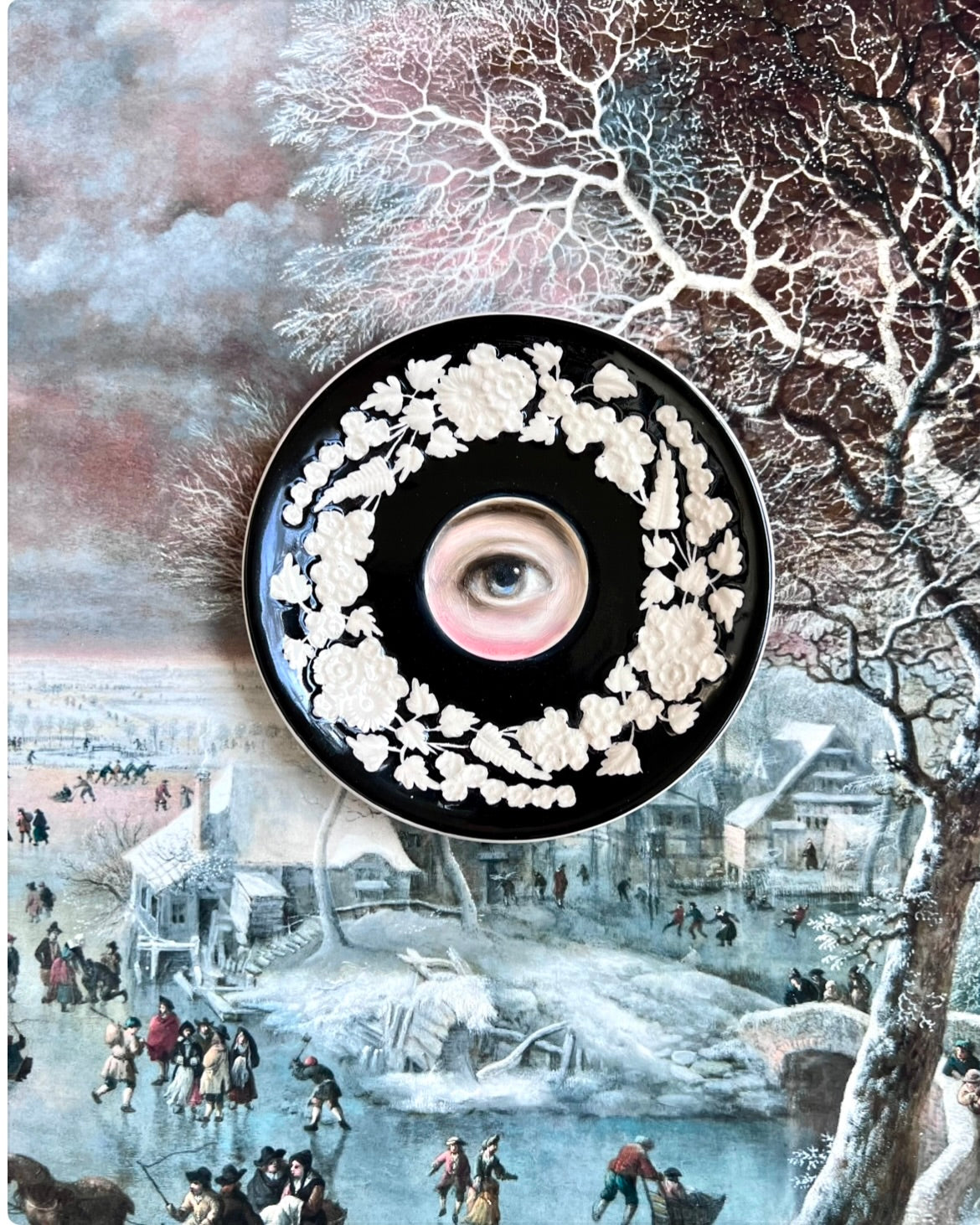 No. 2494 Lover's Eye Painting on a Mini English Black and White Floral Plate