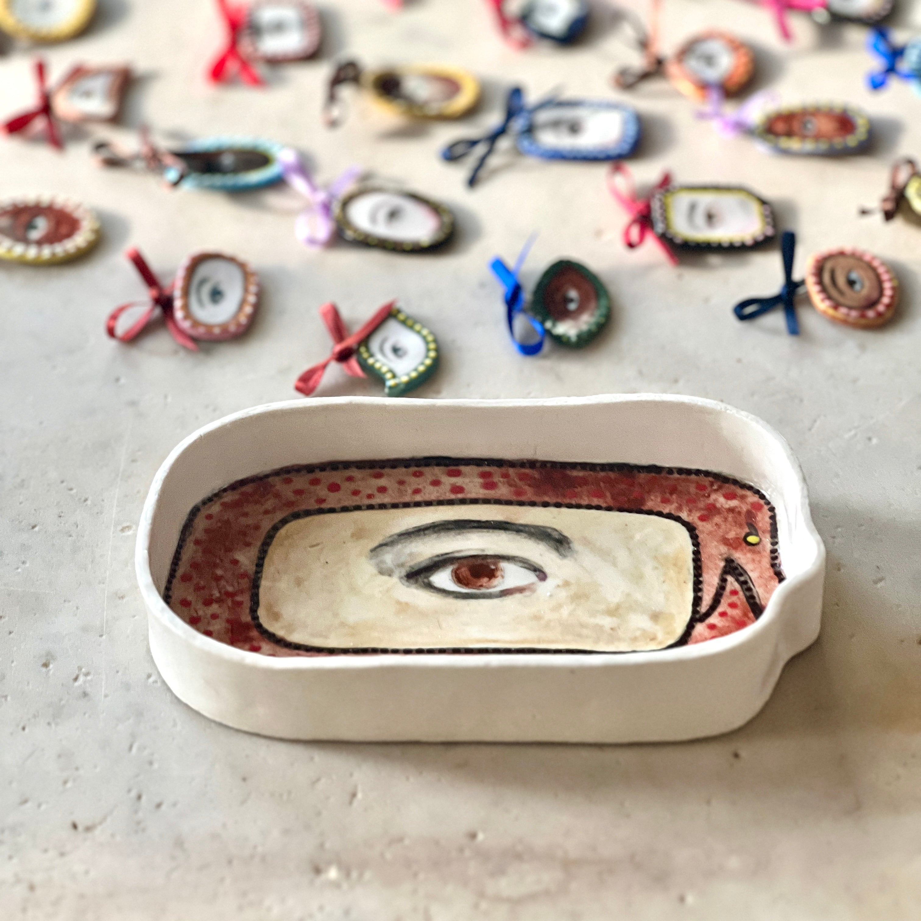 No. 203 Lover's Eye Jewelry Dish - Red Dotted Ouroboros