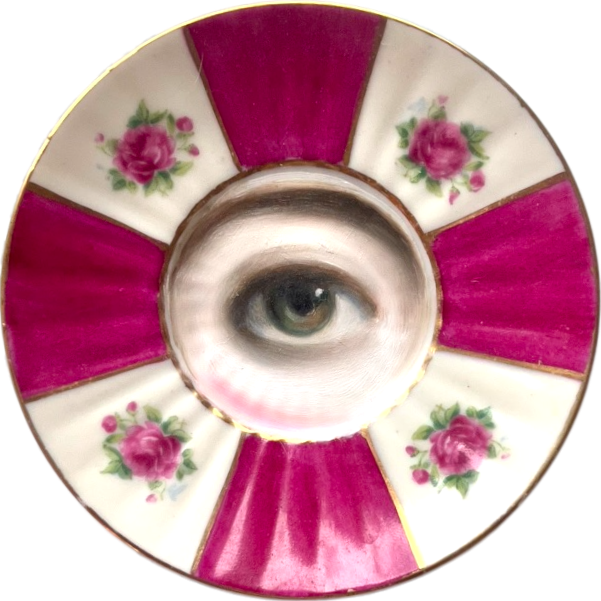 No. 2497 Lover's Eye Painting on a Mini Deep Pink Floral Plate