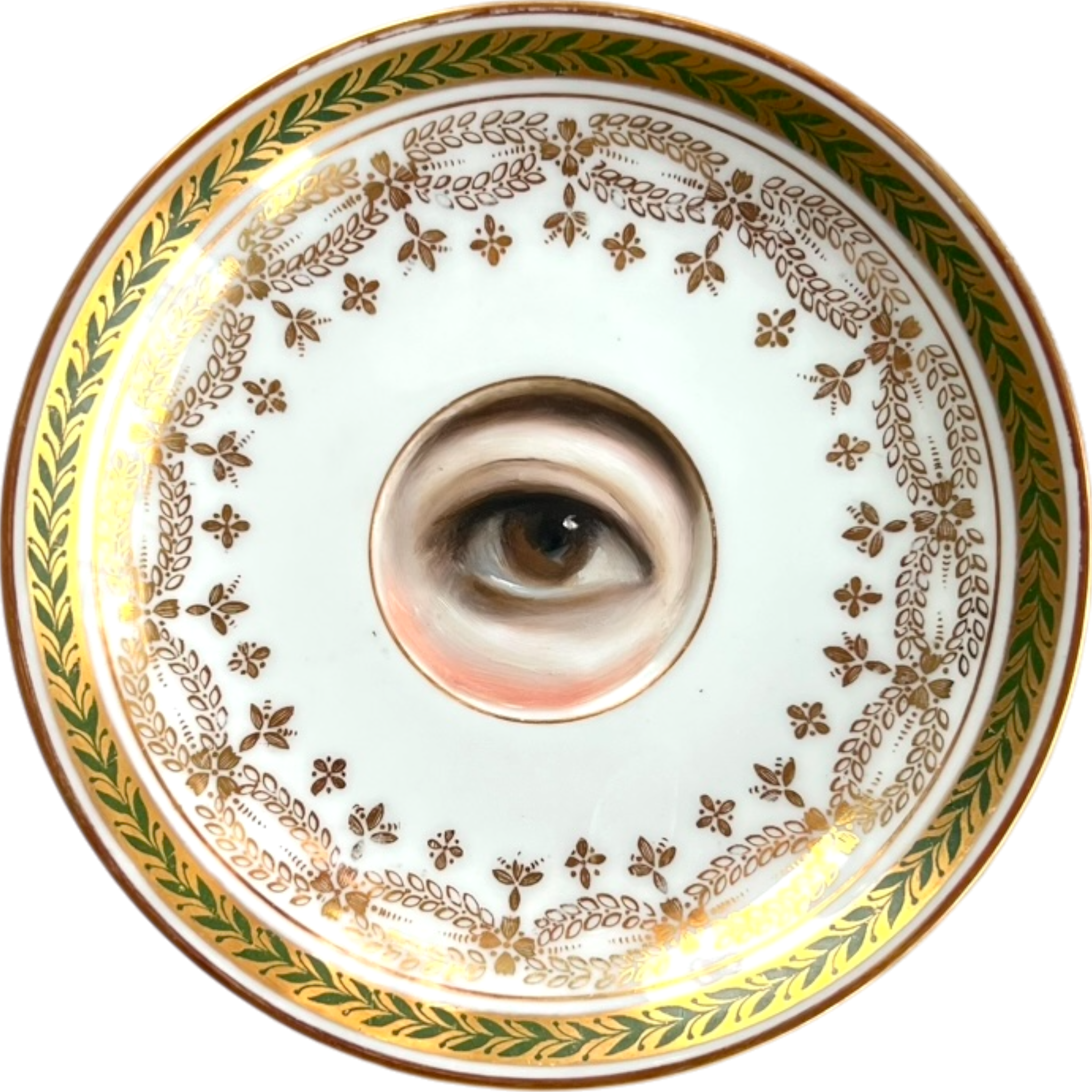 No. 2500 Lover's Eye Painting on a Mini Green & Gold French Limoges Plate