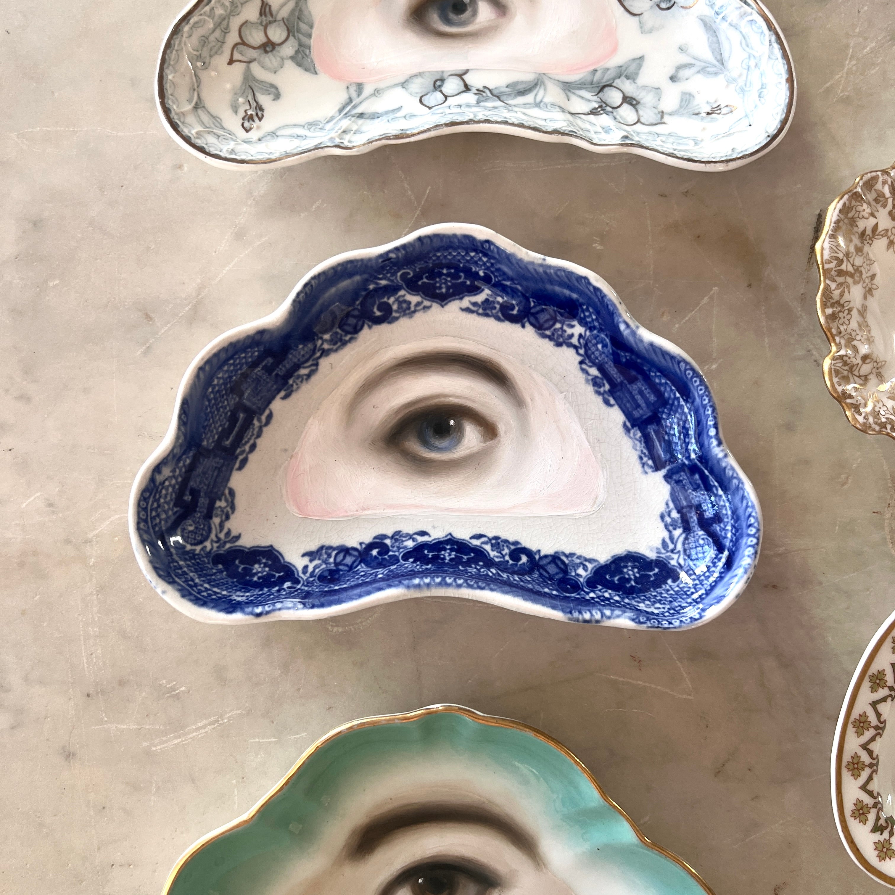 No. 3144 Lover's Eye Painting on an English Blue Chinoiserie Fan