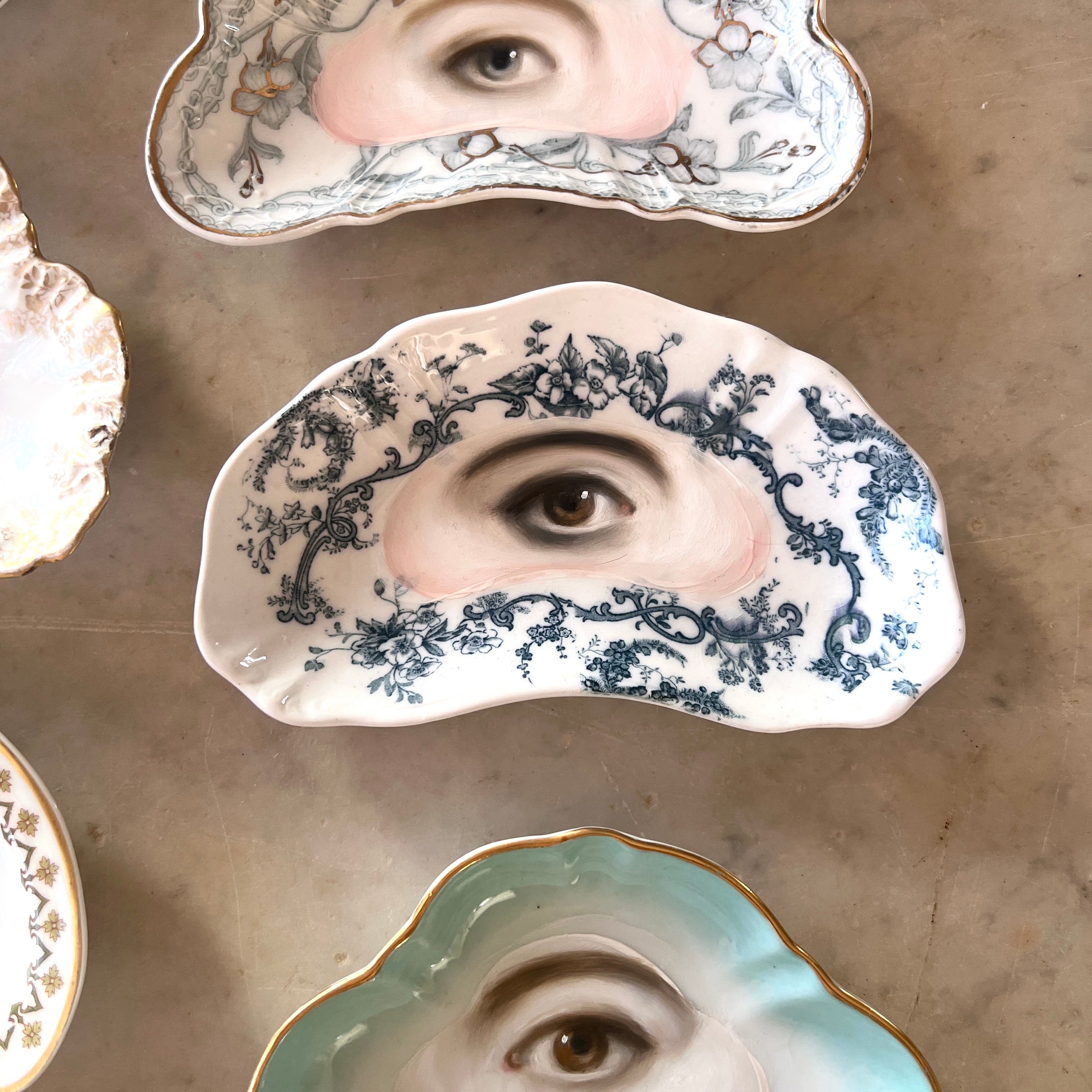 No. 3143 Lover's Eye Painting on an English Blue Botanical Crescent Plate