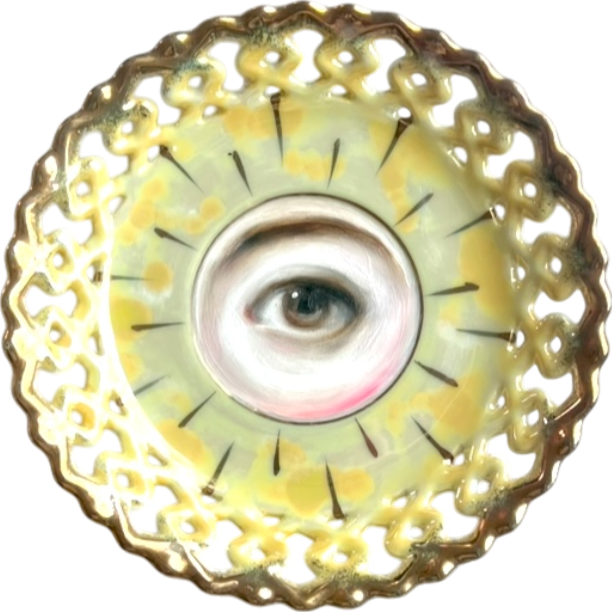 No. 2511 Lover's Eye Painting on a Yellow Iridescent Plate