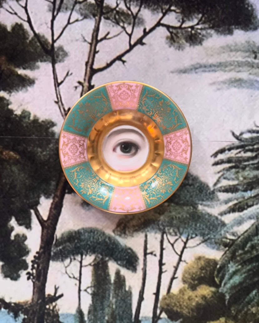 No. 2527 Lover's Eye Painting on a Mini Pink and Turquoise Plate