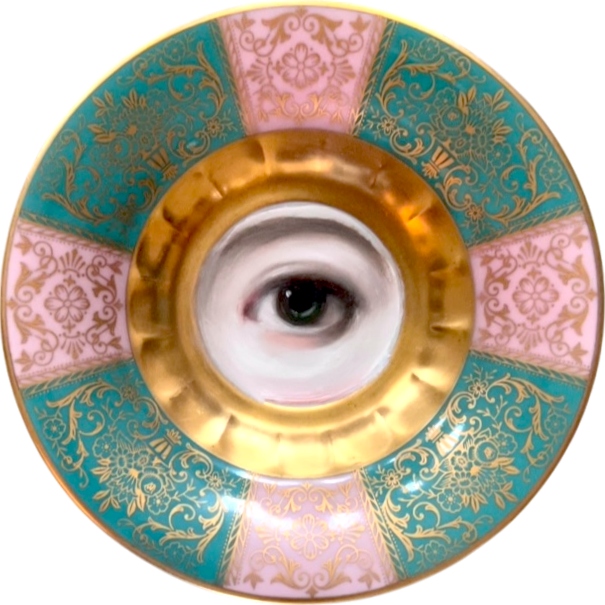 No. 2527 Lover's Eye Painting on a Mini Pink and Turquoise Plate