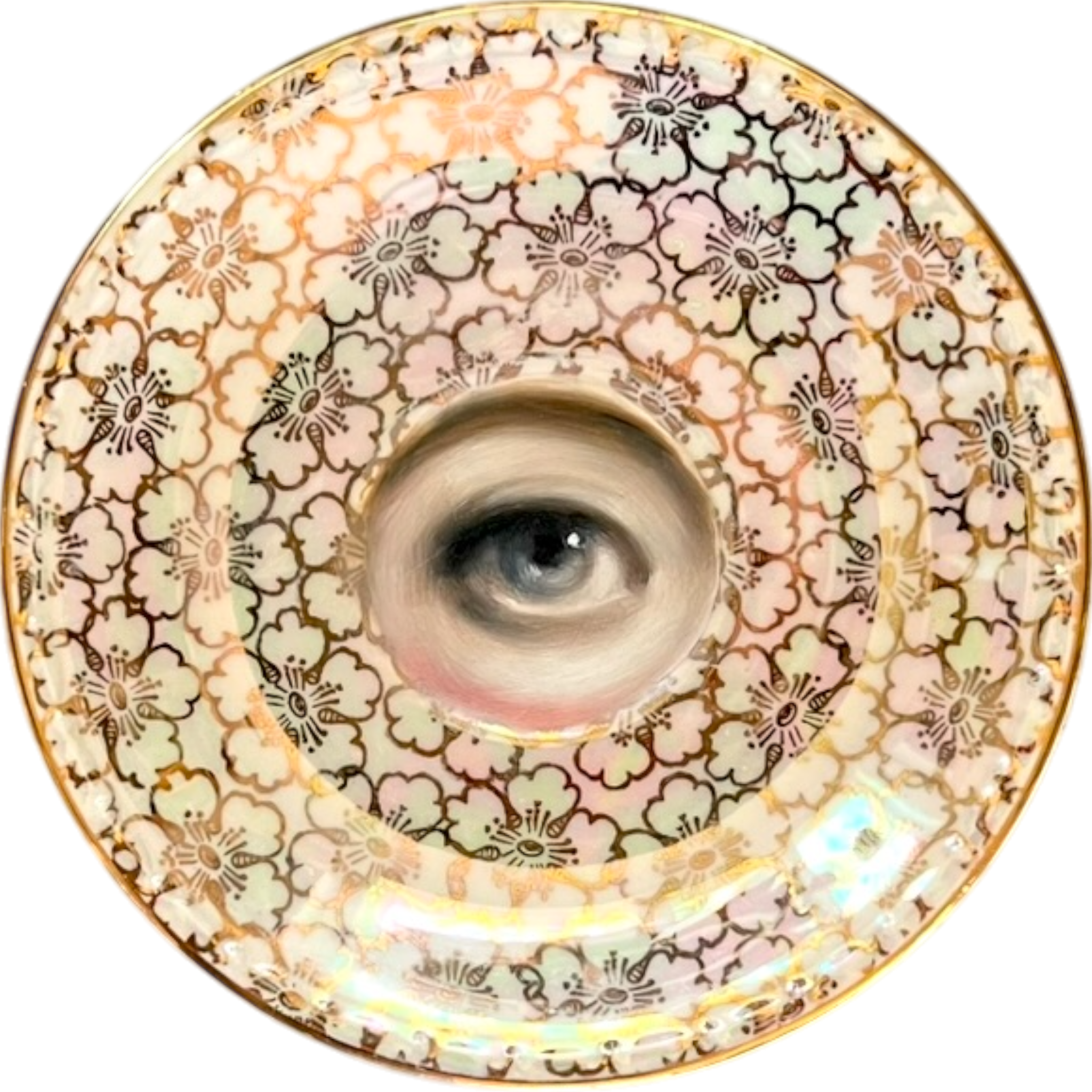 No. 2533 Lover's Eye Painting on a Mini Iridescent Cherry Blossom Plate