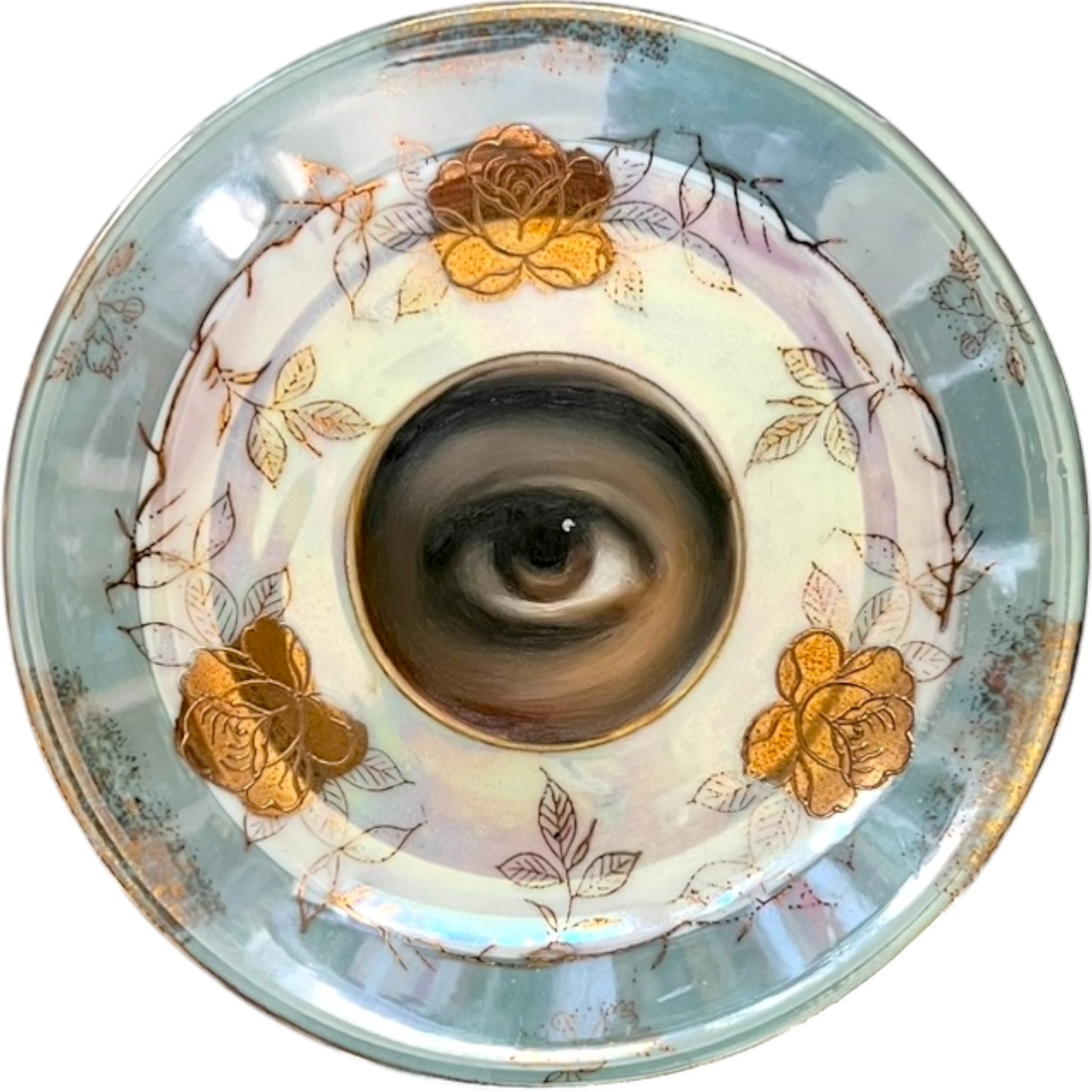 No. 2545 Lover's Eye Painting on a Pale Blue Iridescent Plate with Gold Roses