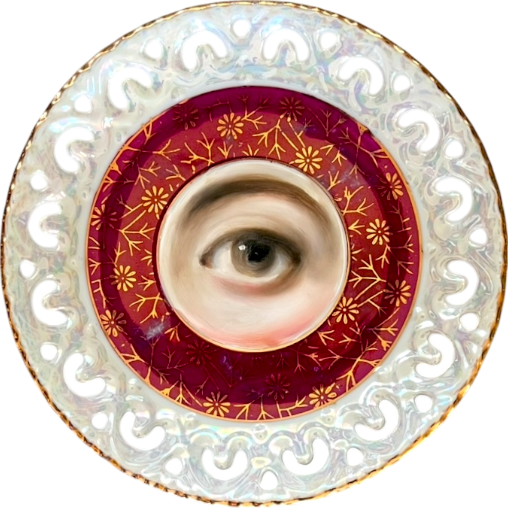 No. 2541 Lover's Eye Painting on a Burgundy and White Iridescent Plate