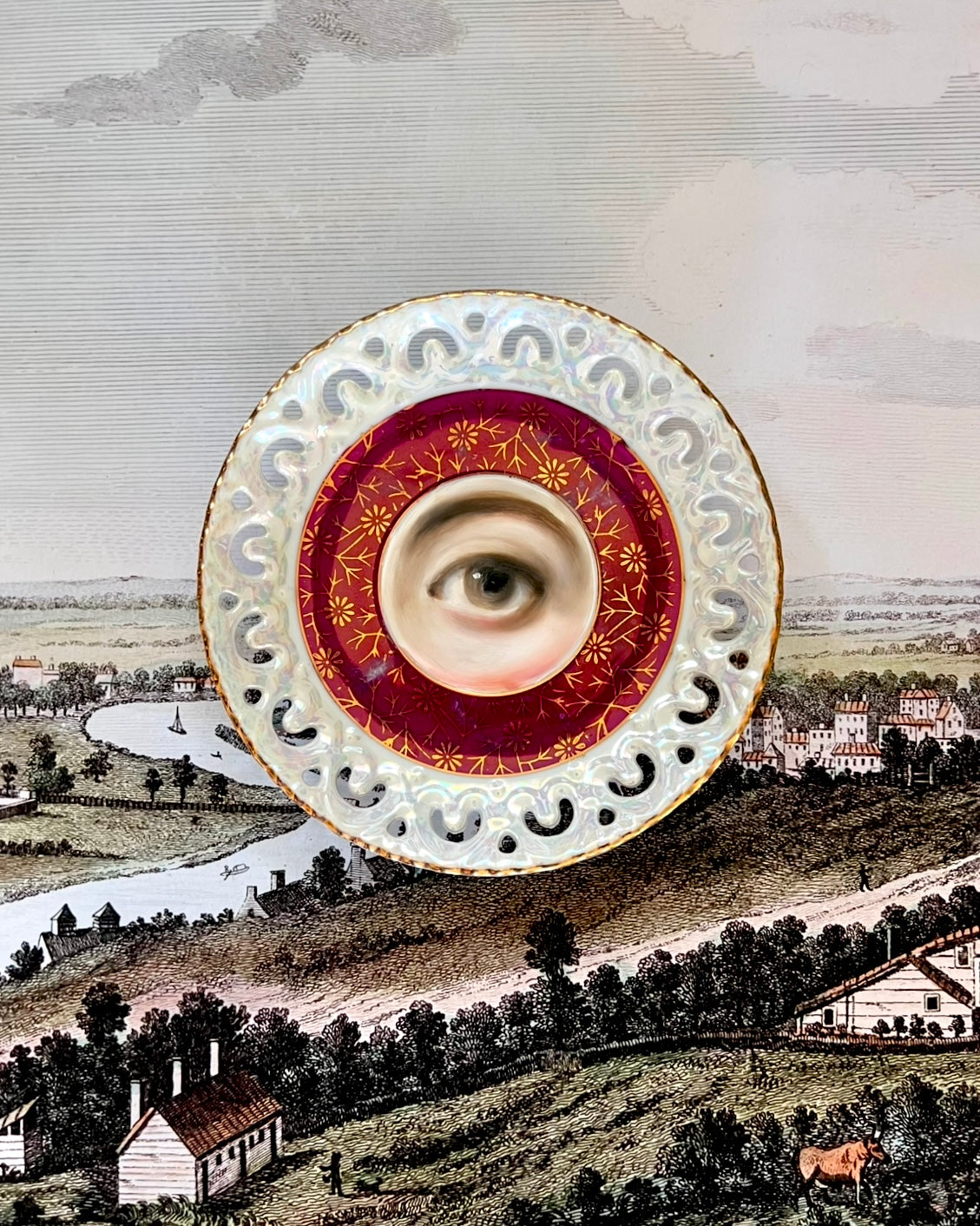 No. 2541 Lover's Eye Painting on a Burgundy and White Iridescent Plate