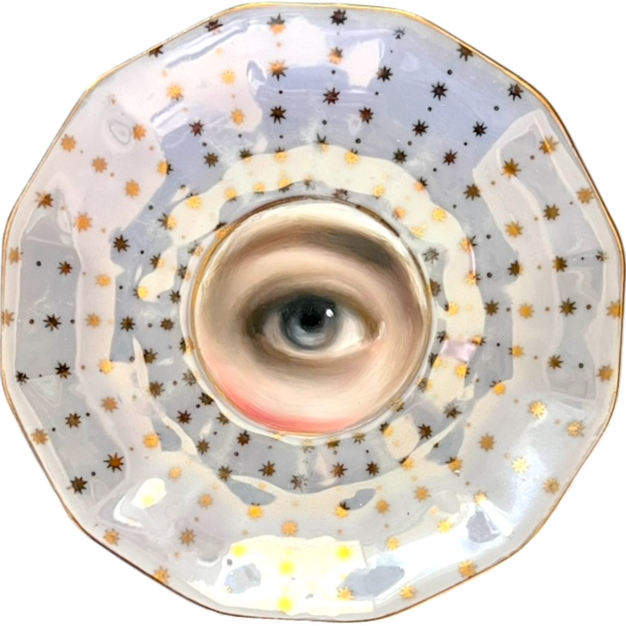 No. 2546 Lover's Eye Painting on a Pale Lavender Iridescent Plate with Gold Stars