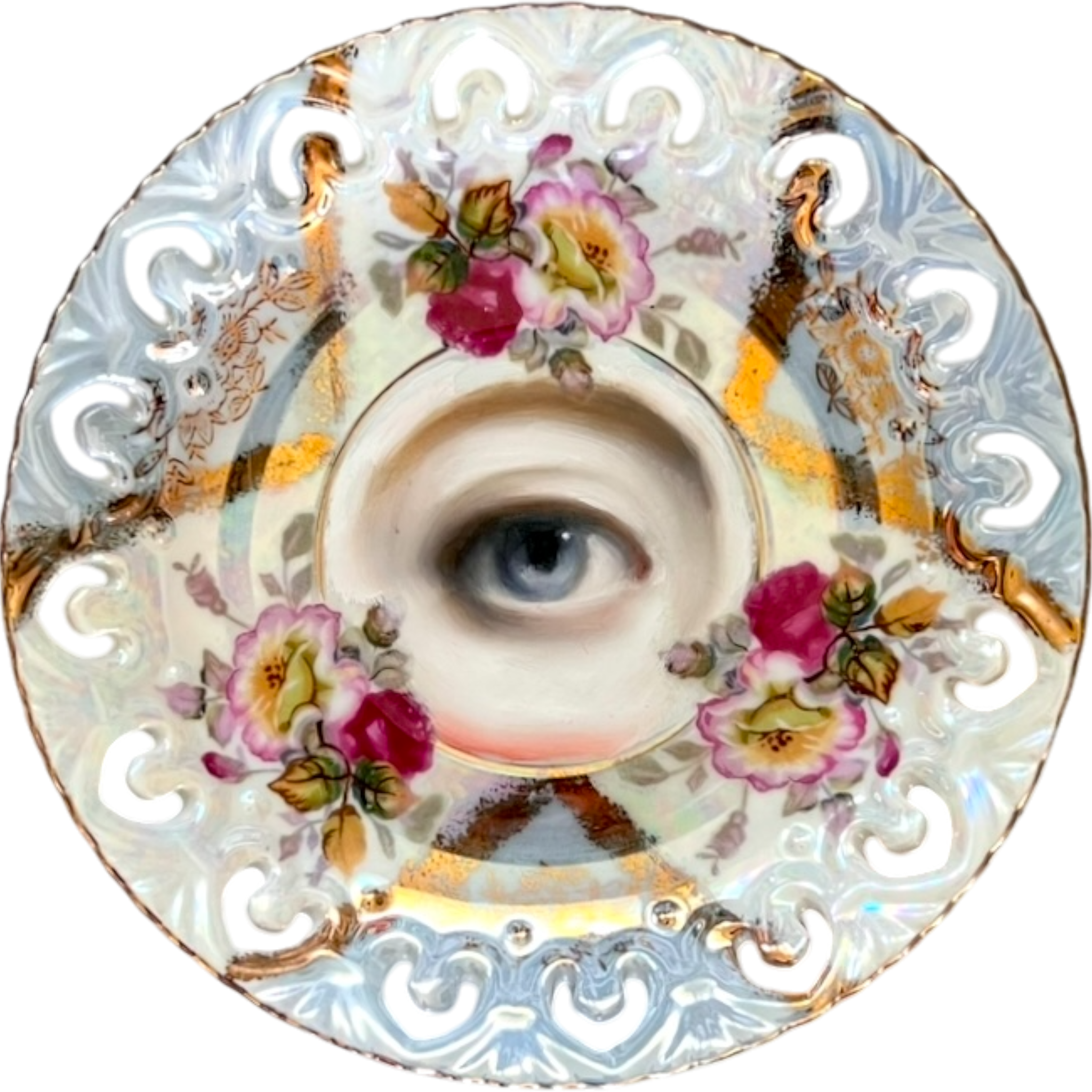 No. 2543 Lover's Eye Painting on a Floral Iridescent Plate