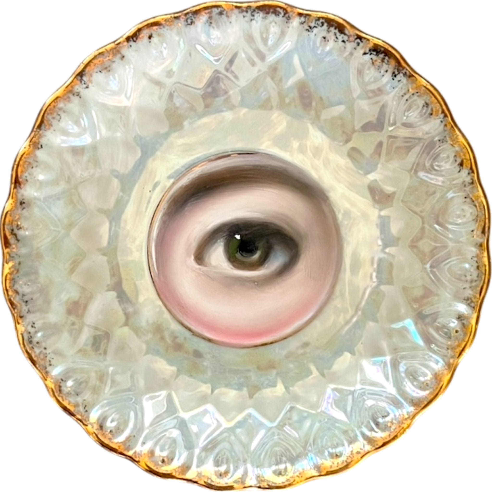 No. 2547 Lover's Eye Painting on a Pale Green Iridescent Plate