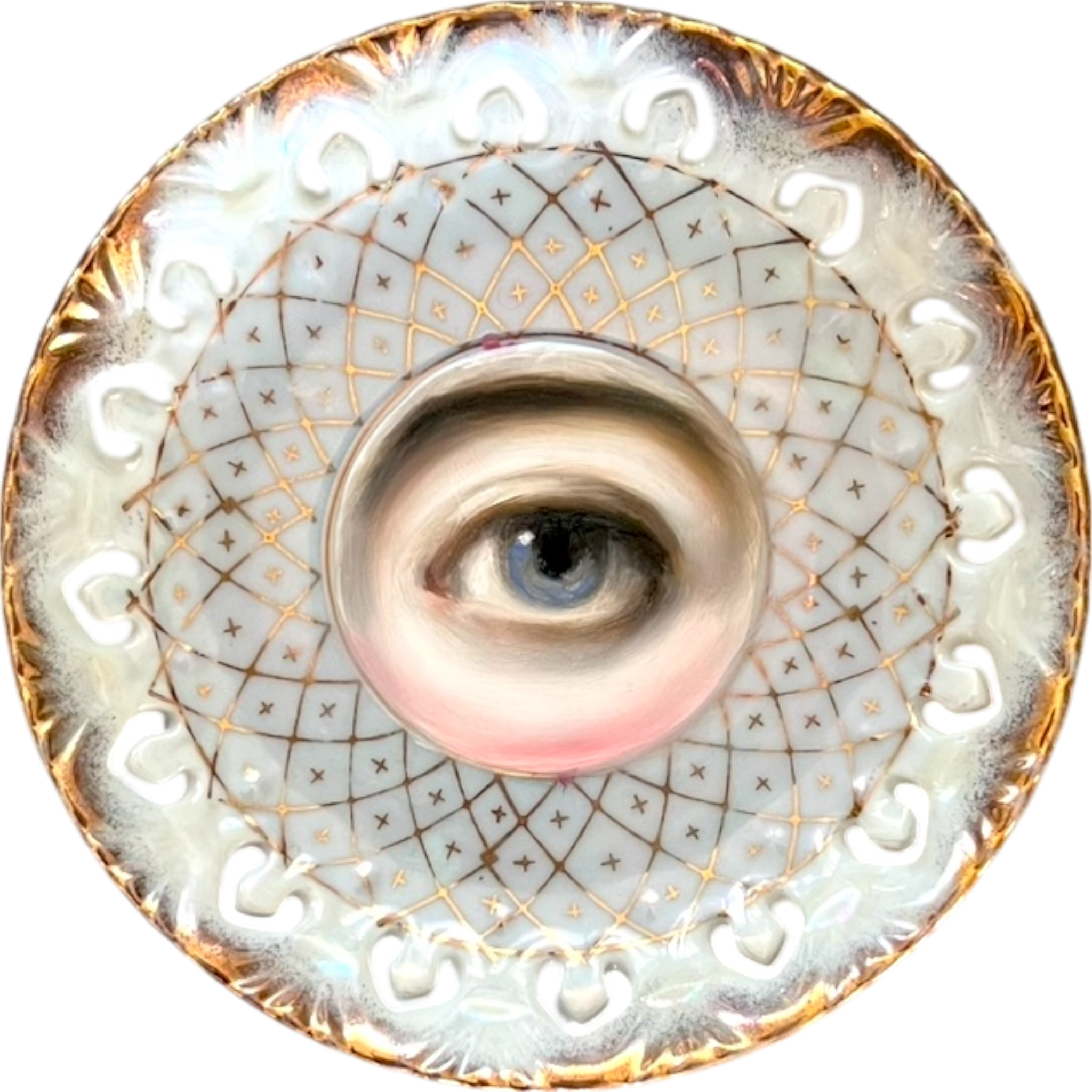 No. 2544 Lover's Eye Painting on a Pale Blue Iridescent Plate