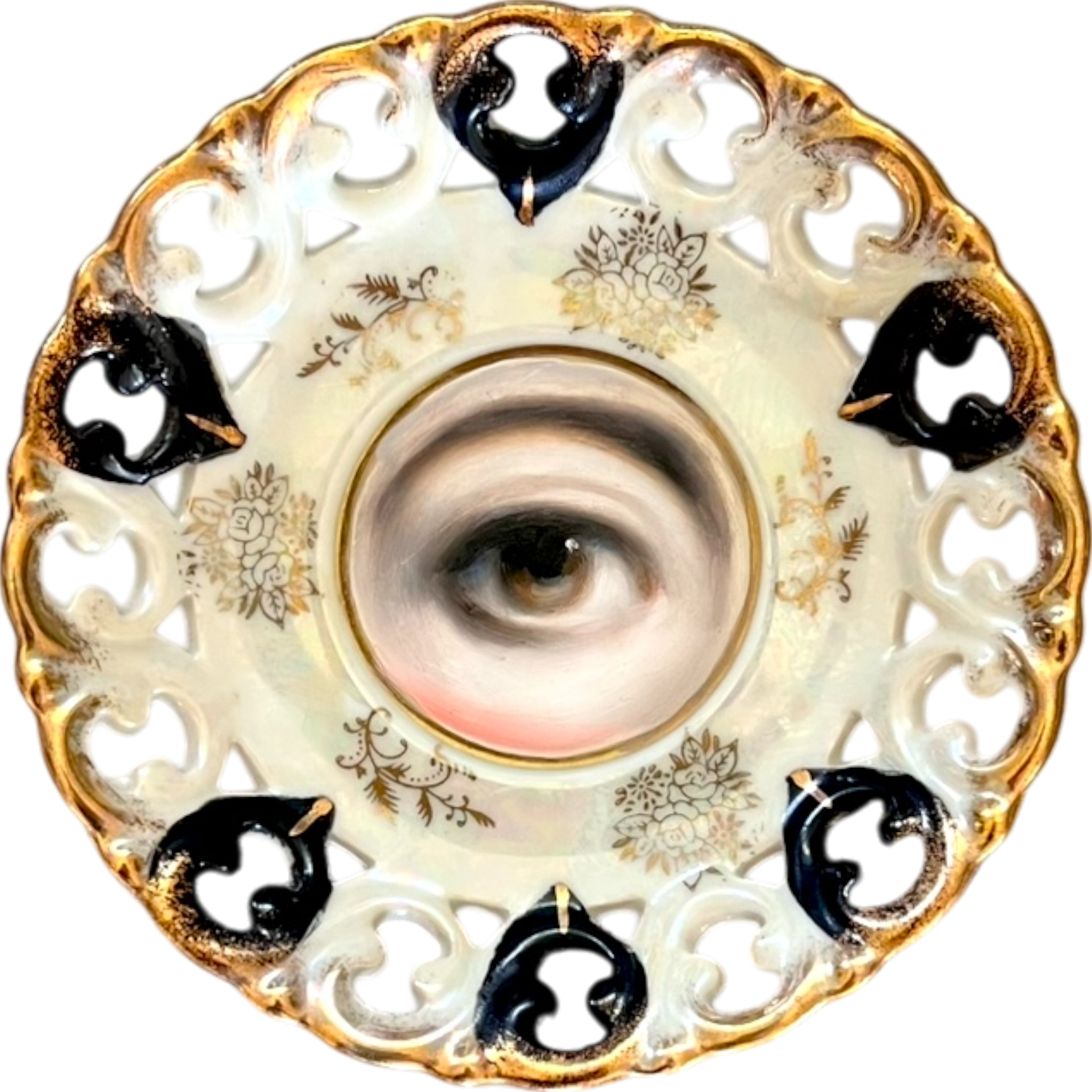 No. 2540 Lover's Eye Painting on a Black and White Iridescent Plate