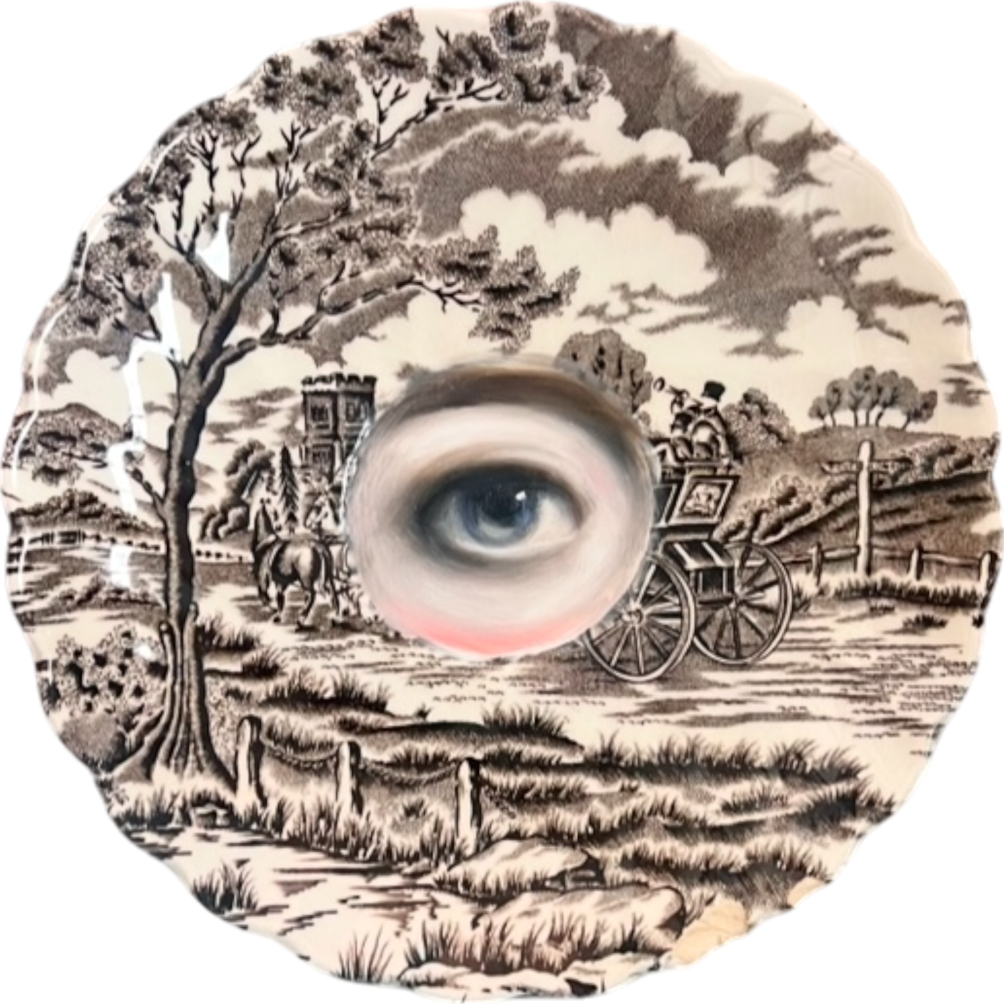 No. 2550 Lover's Eye Painting on an English Brown Transferware Landscape Plate