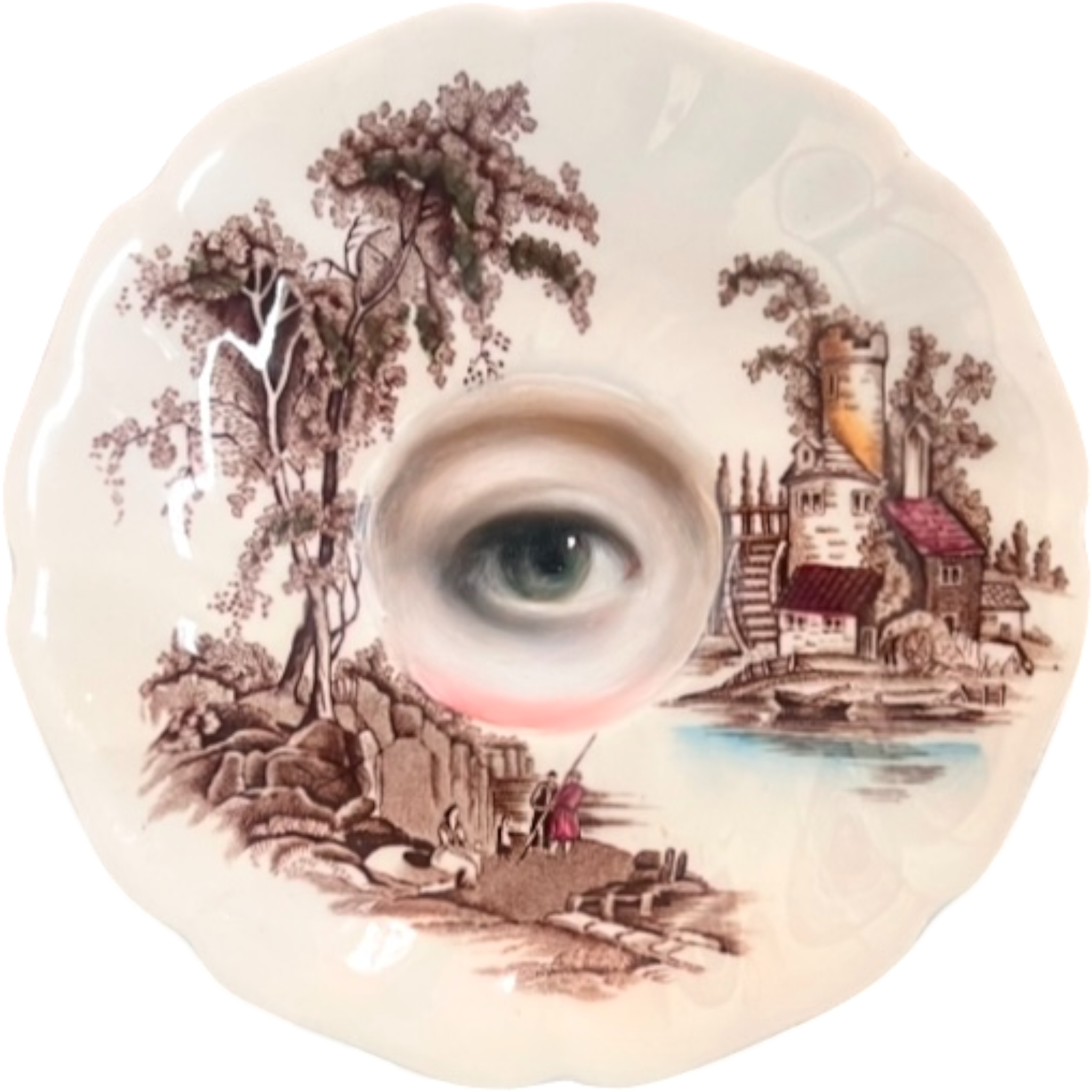 No. 2551 Lover's Eye Painting on an English Sepia Transferware Landscape Plate