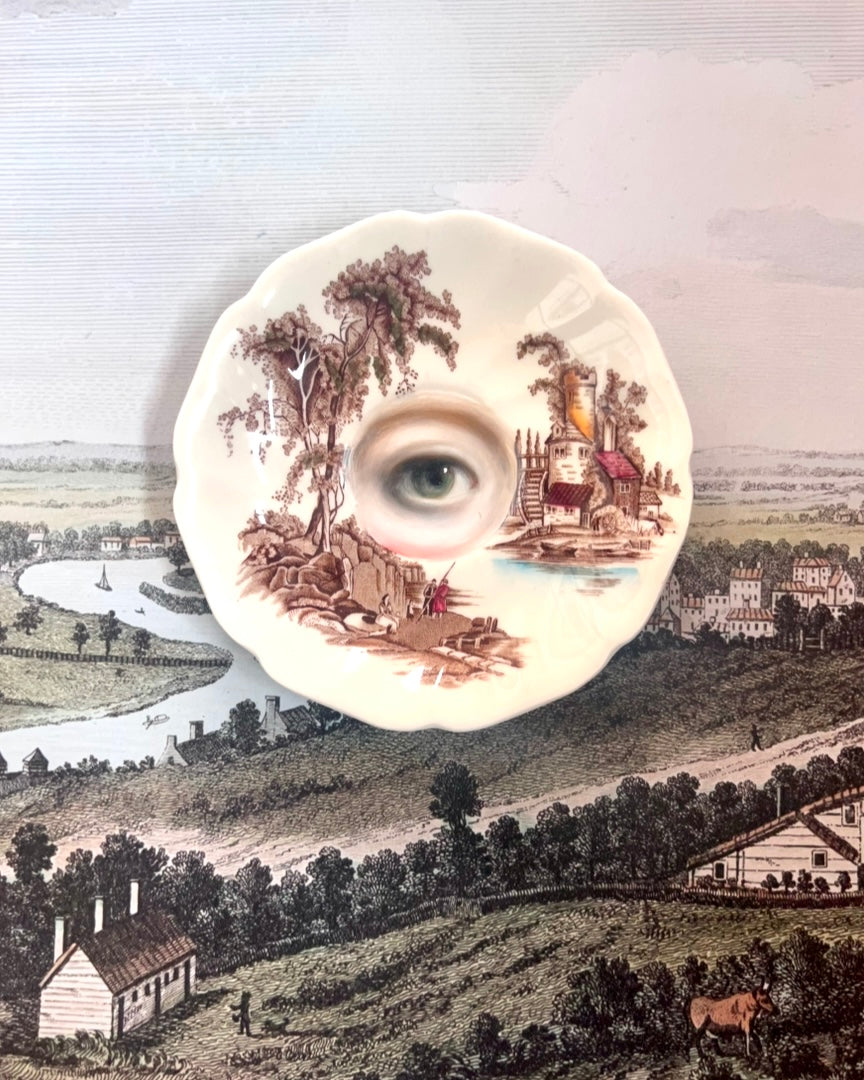 No. 2551 Lover's Eye Painting on an English Sepia Transferware Landscape Plate