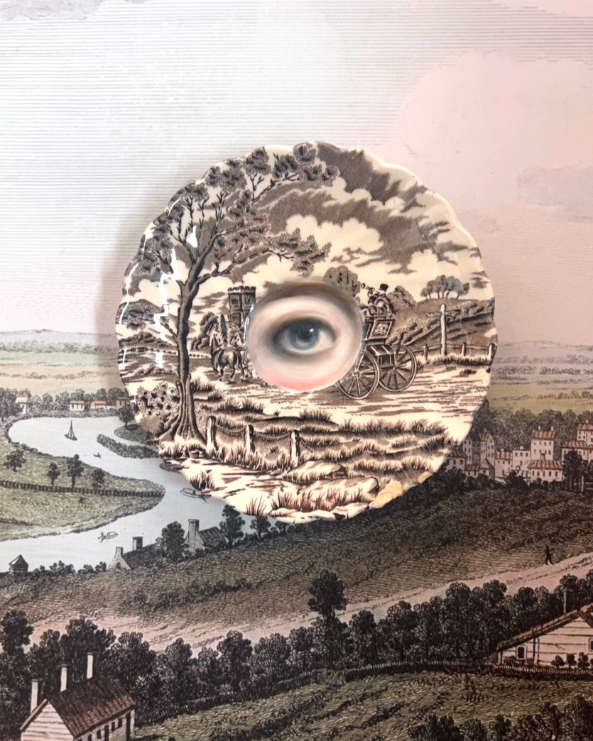 No. 2550 Lover's Eye Painting on an English Brown Transferware Landscape Plate