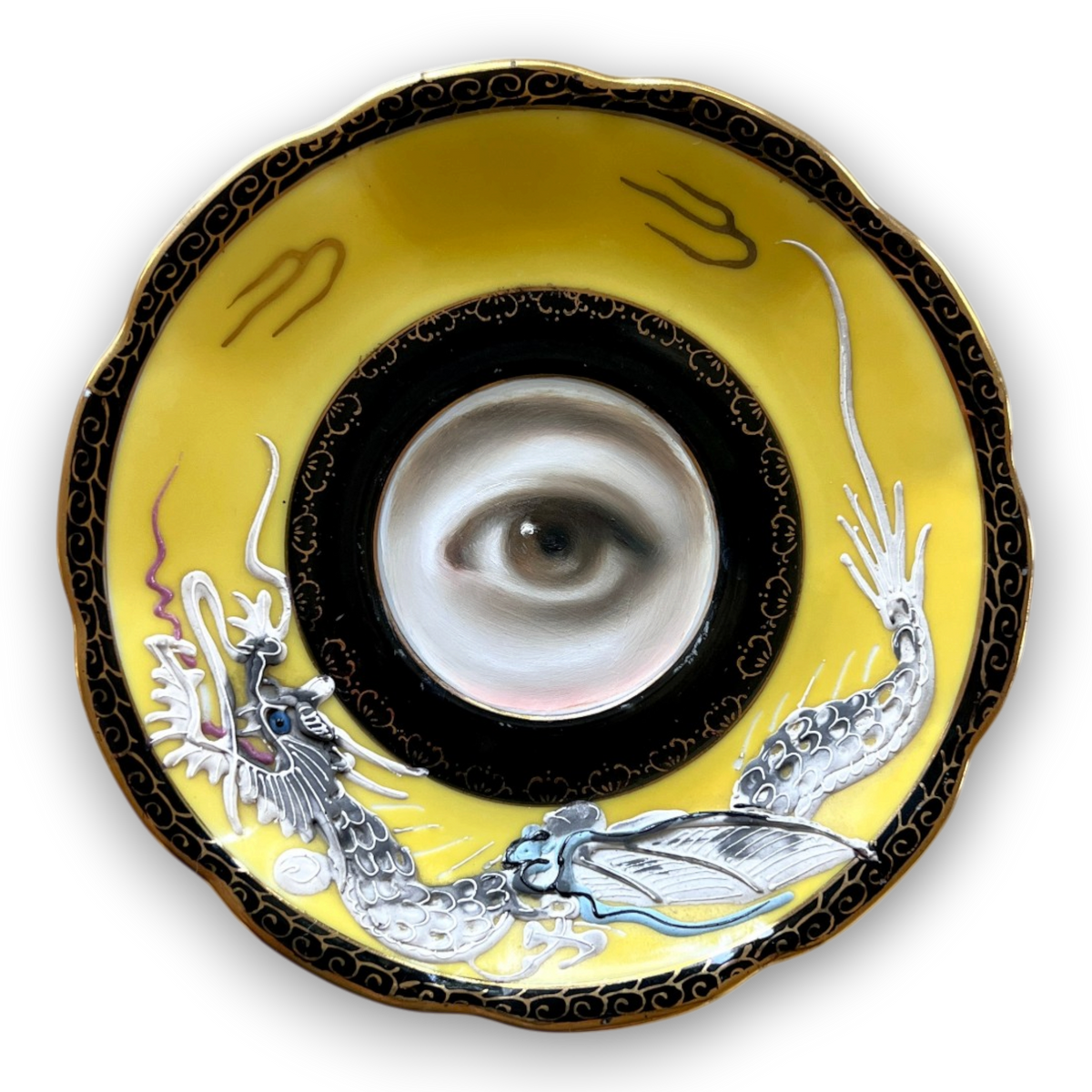 No. 3897 Lover’s Eye Painting on a Yellow Dragonware Plate