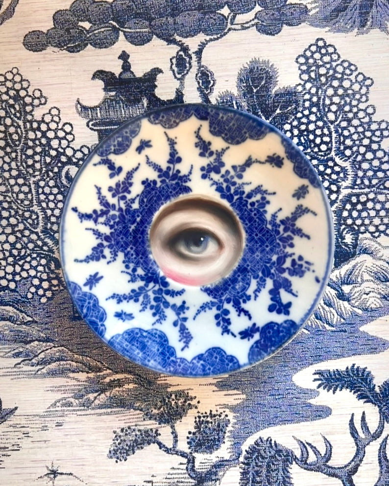 No. 2556 Lover's Eye Painting on a Blue and White Japanese Plate