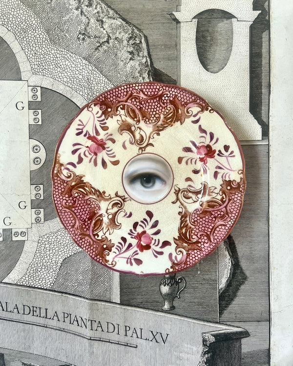 Lover's Eye Painting on an Antique Pink Lusterware Plate