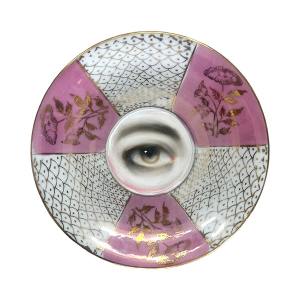 Lover's Eye Painting on a Pink Luster Plate with Fishscale Pattern