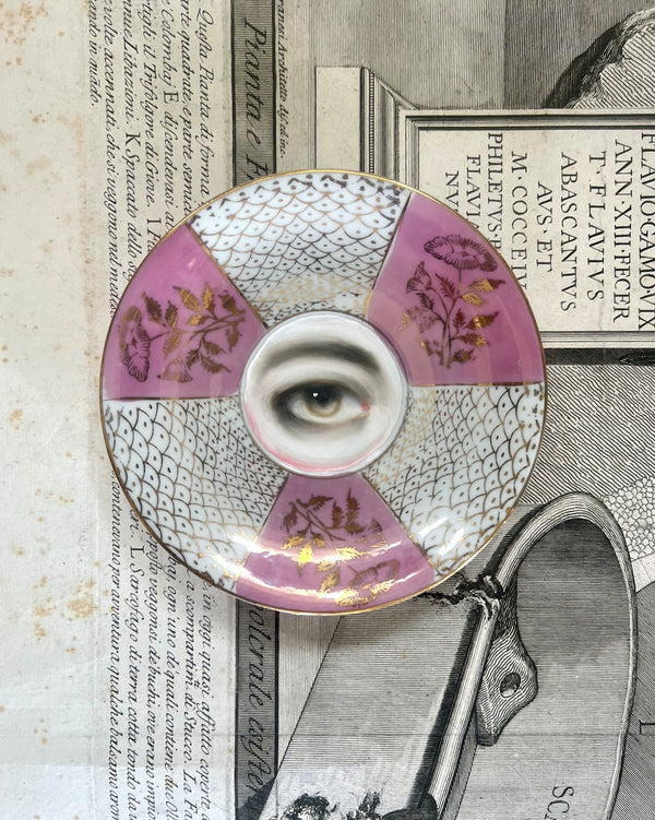 Lover's Eye Painting on a Pink Luster Plate with Fishscale Pattern