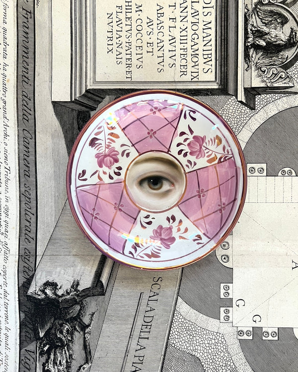 Lover's Eye Painting on an Antique Pink Lusterware Plate