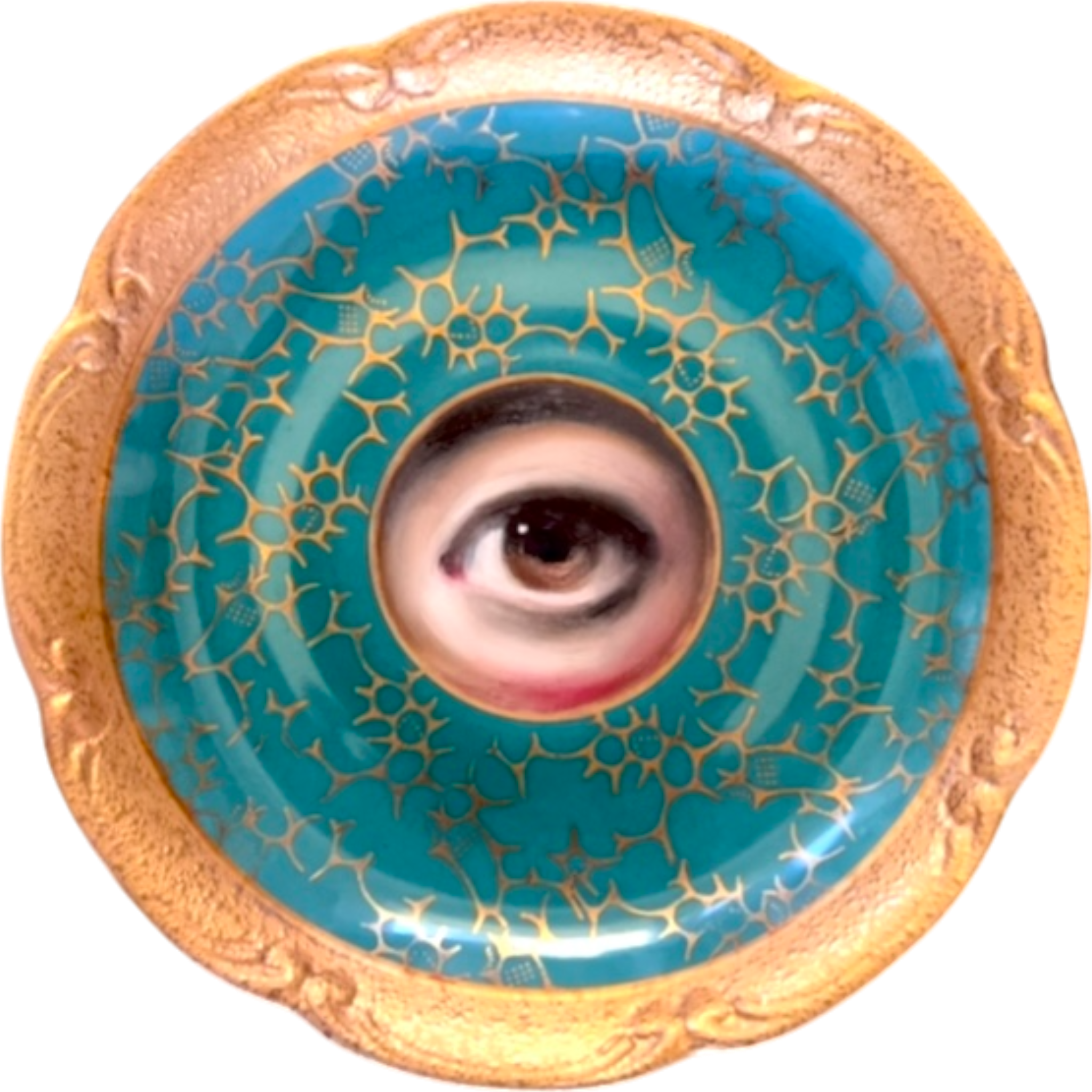 No. 2564 Lover's Eye Painting on a Mini Bavarian Turquoise Gilt Plate