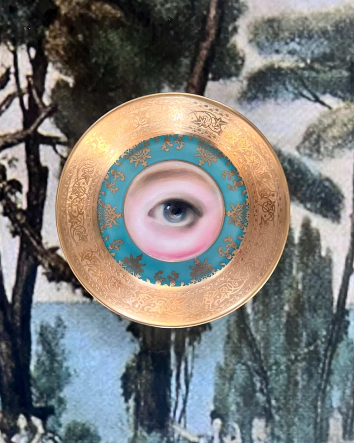 No. 2558 Lover's Eye Painting on a Mini Antique Bavarian Turquoise Gilt Plate