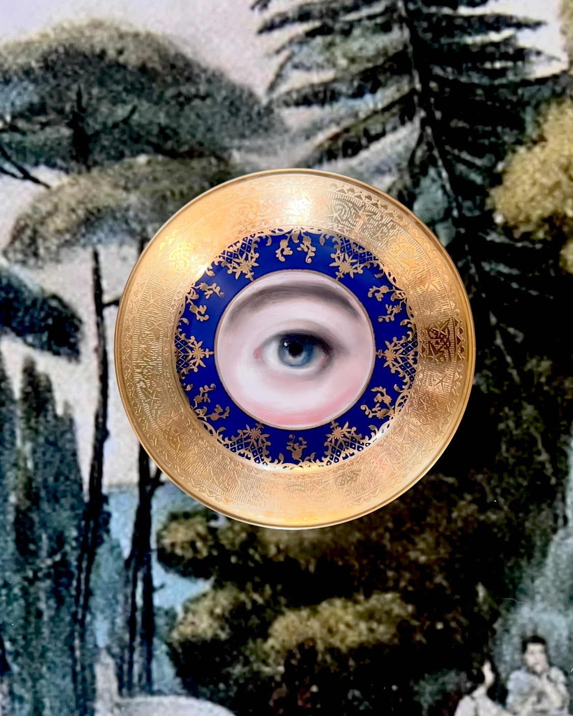 No. 2559 Lover's Eye Painting on a Mini Antique Bavarian Cobalt Blue Gilt Plate