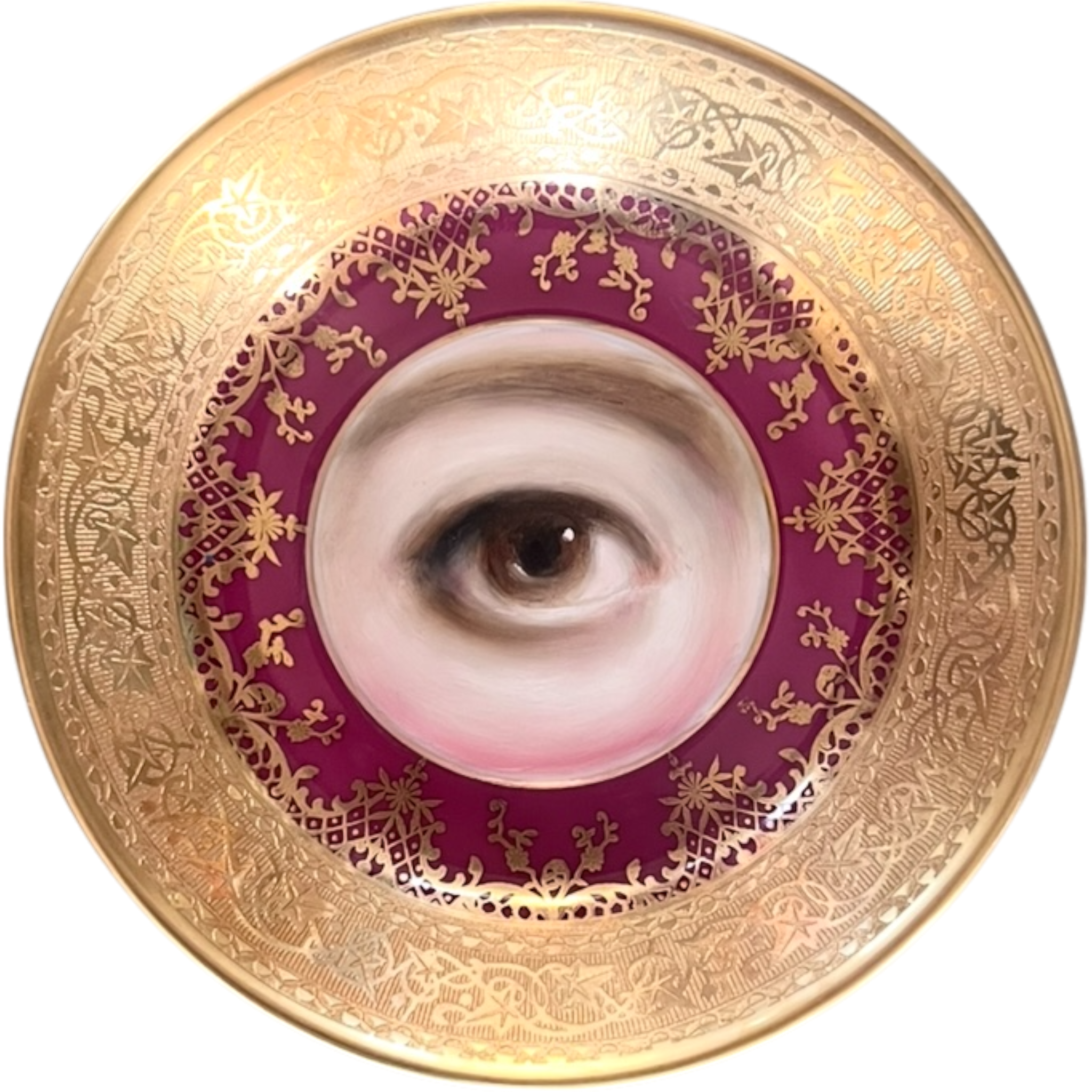 No. 2557 Lover's Eye Painting on a Mini Antique Bavarian Deep Pink Gilt Plate