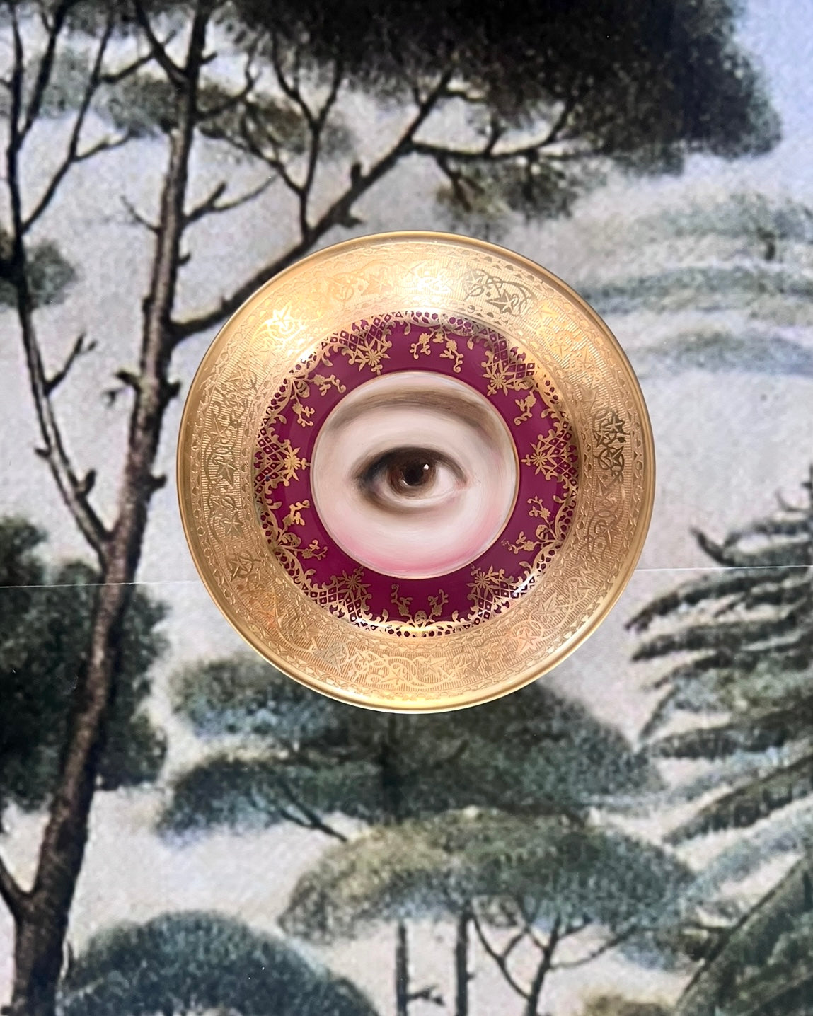 No. 2557 Lover's Eye Painting on a Mini Antique Bavarian Deep Pink Gilt Plate