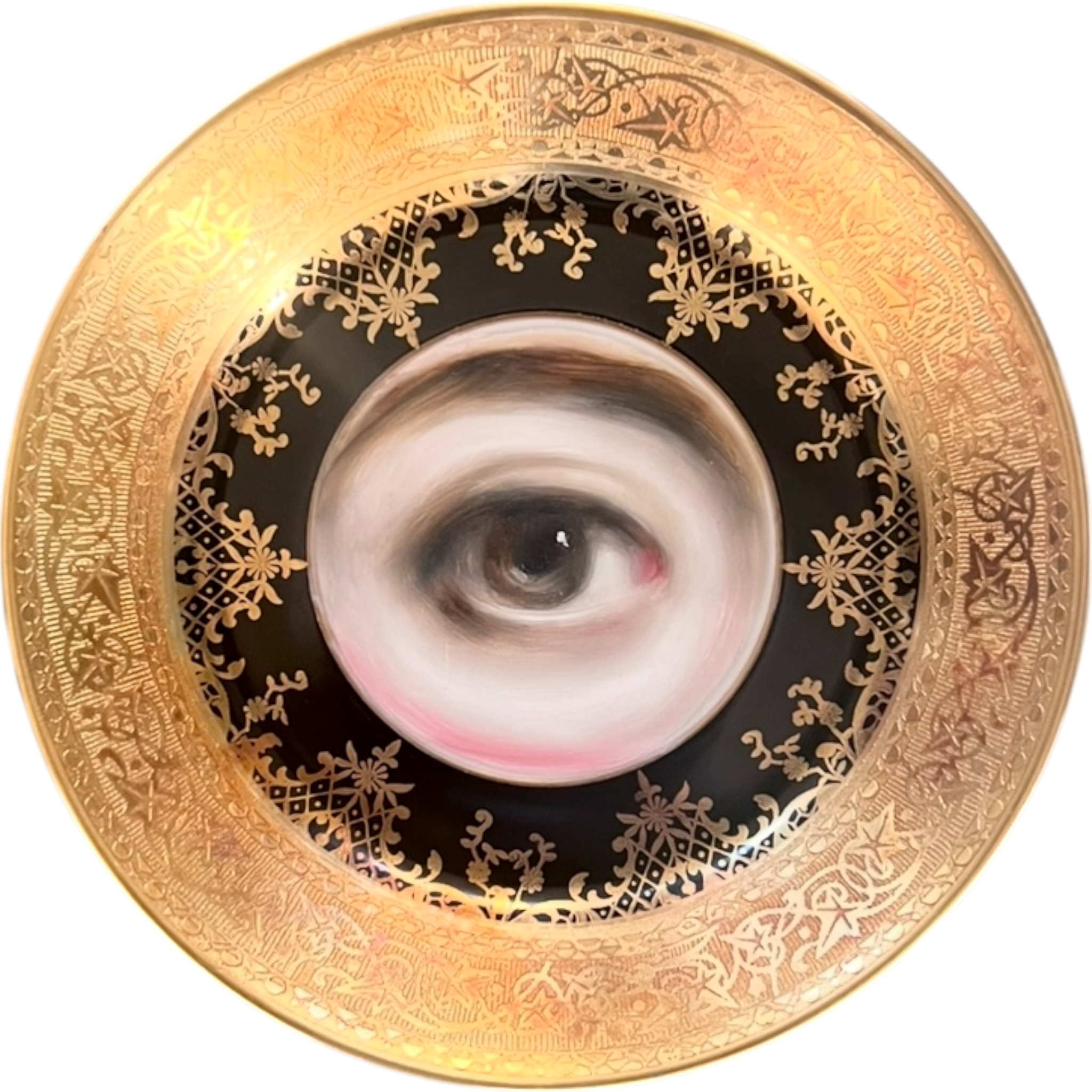 No. 2560 Lover's Eye Painting on a Mini Antique Bavarian Black Gilt Plate