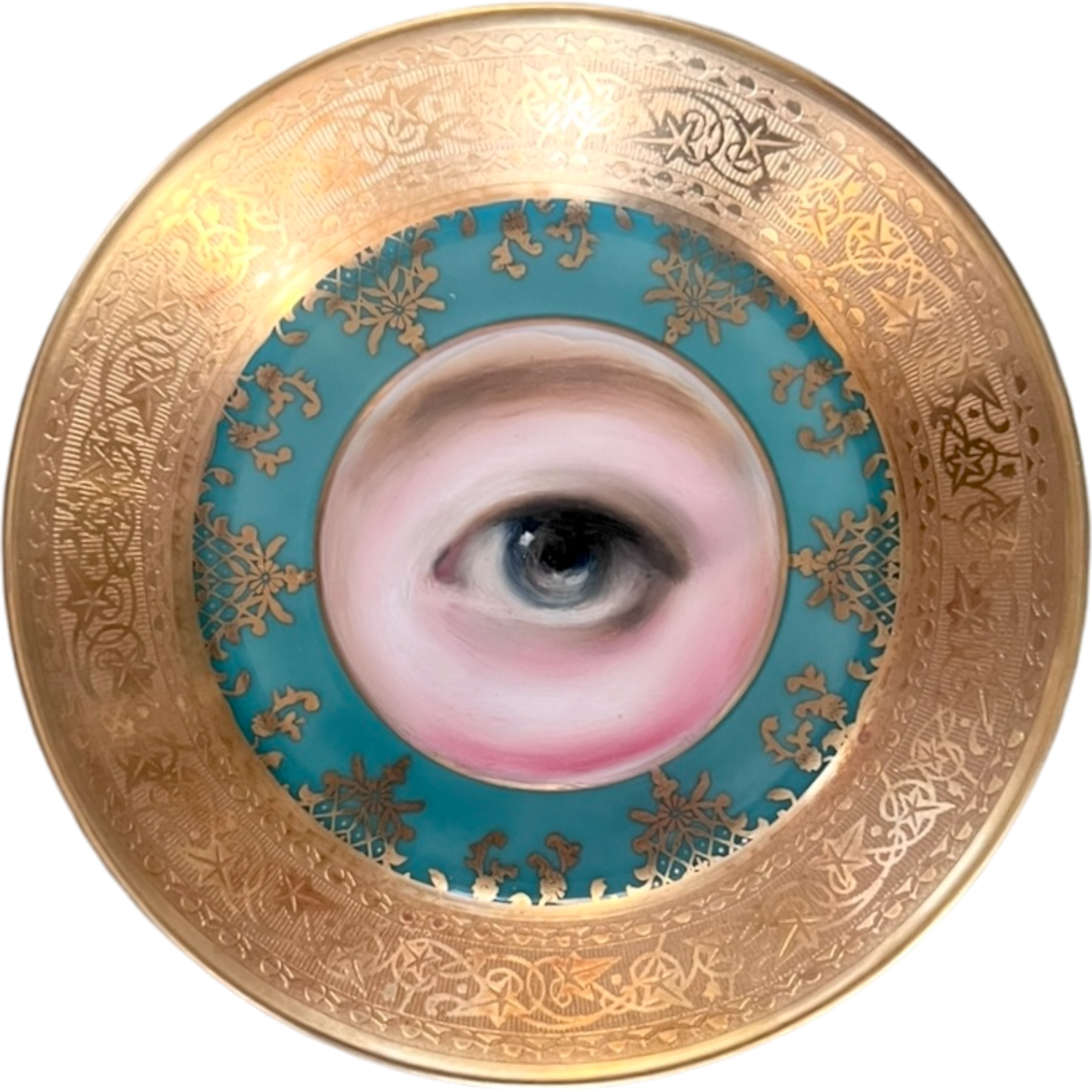 No. 2558 Lover's Eye Painting on a Mini Antique Bavarian Turquoise Gilt Plate