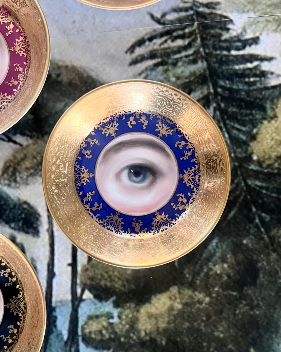 No. 2559 Lover's Eye Painting on a Mini Antique Bavarian Cobalt Blue Gilt Plate