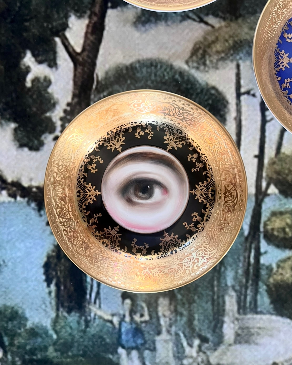 No. 2560 Lover's Eye Painting on a Mini Antique Bavarian Black Gilt Plate