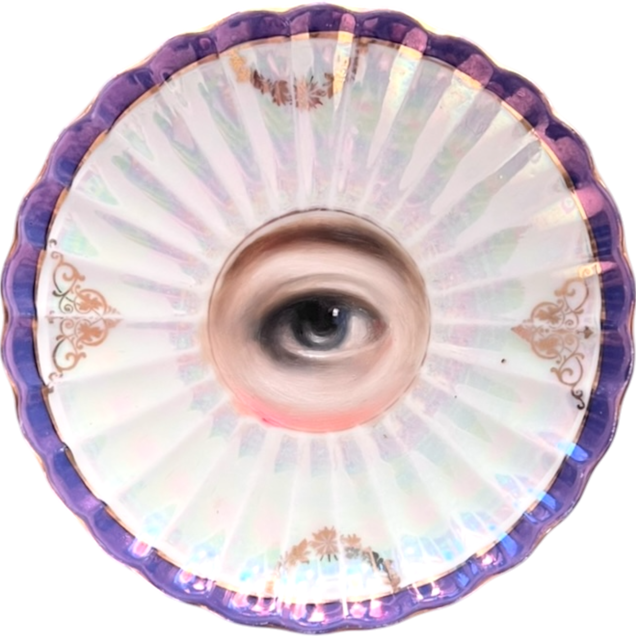 No. 2570 Lover's Eye Painting on a Mini Bavarian Iridescent Plate with Violet Border