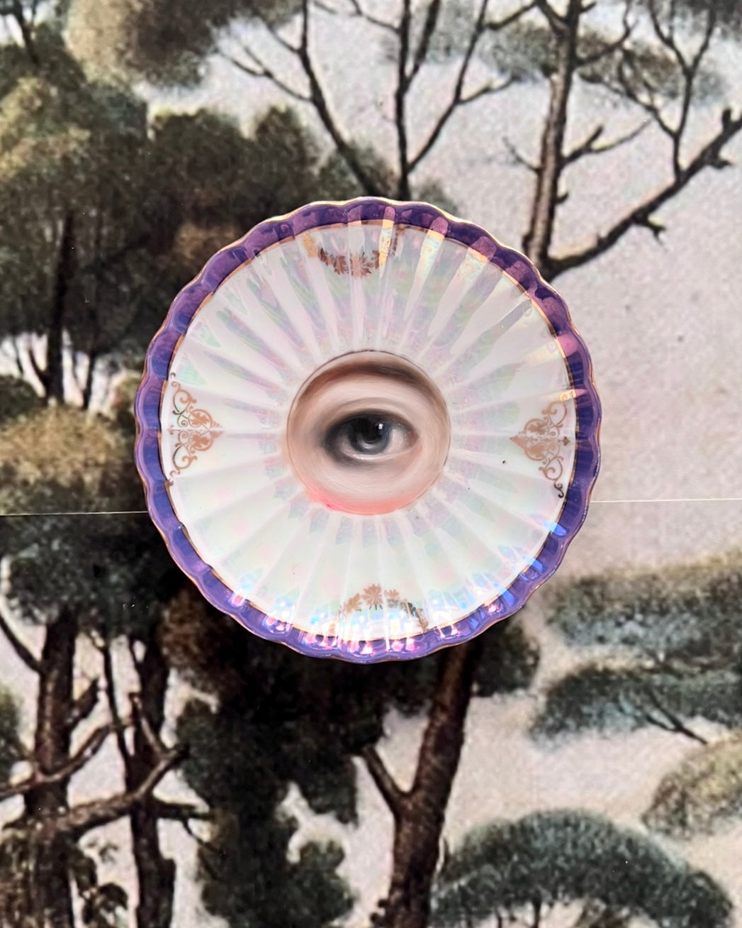 No. 2570 Lover's Eye Painting on a Mini Bavarian Iridescent Plate with Violet Border