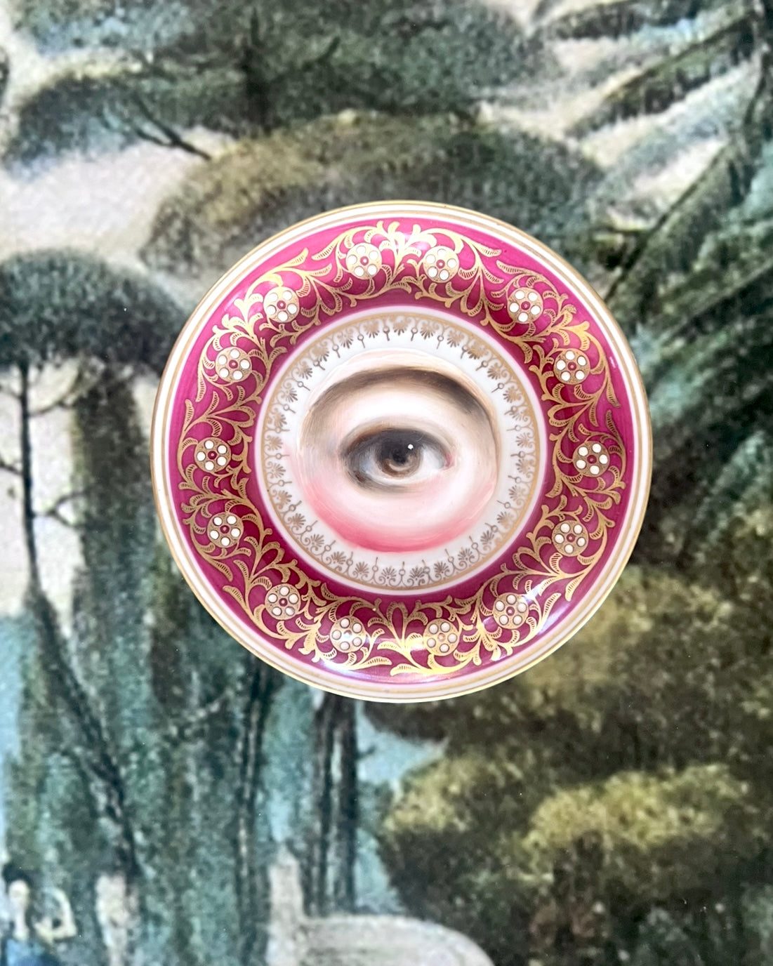 No. 2569 Lover's Eye Painting on a Mini Bavarian Deep Pink and Gilt Plate with Flowers