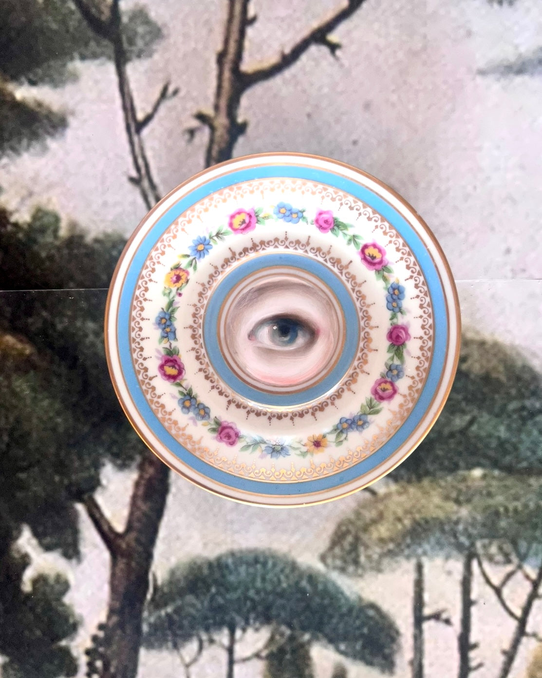 No. 2568 Lover's Eye Painting on a Mini French Limoges Turquoise Floral Plate