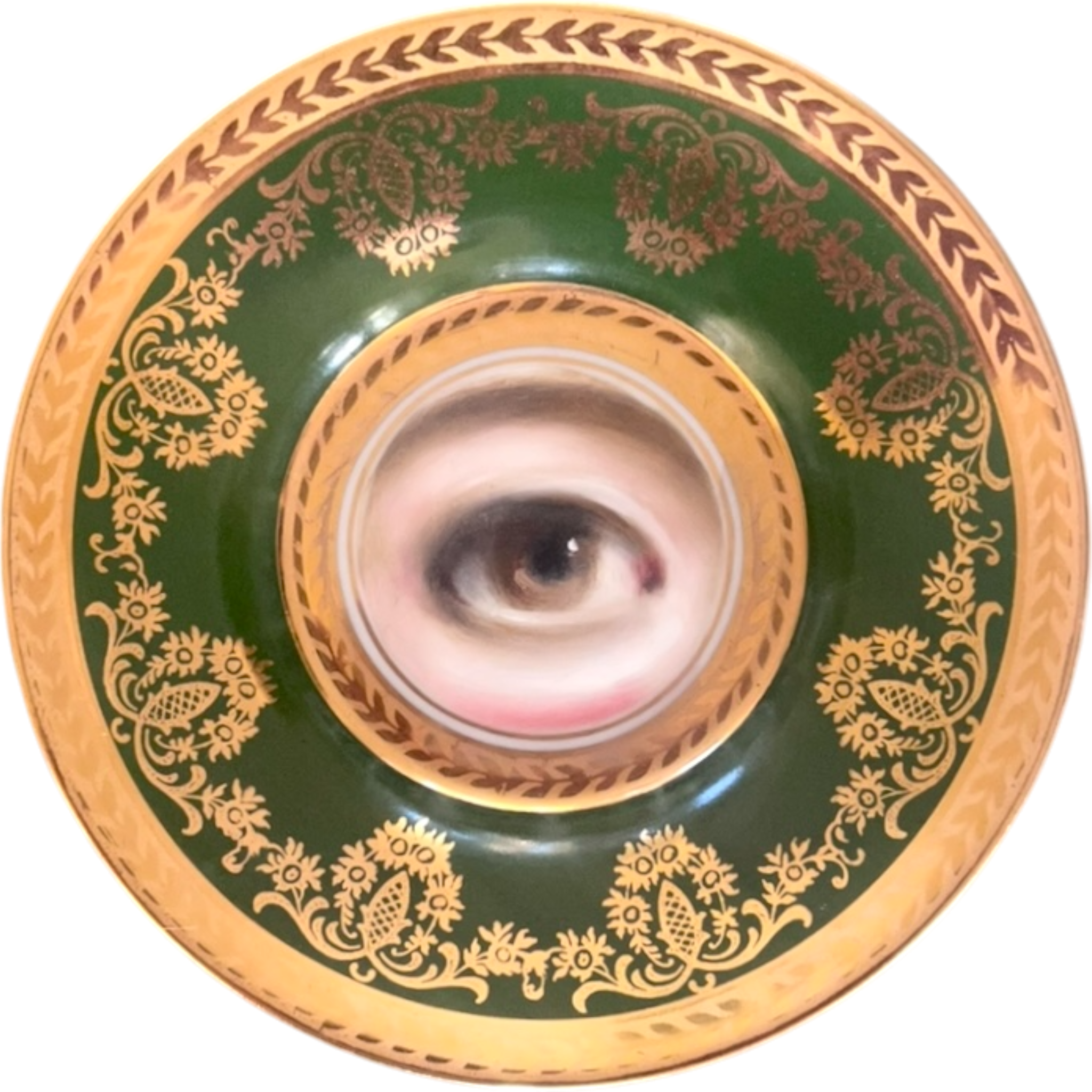 No. 2567 Lover's Eye Painting on a Mini French Limoges Green Gilt Plate