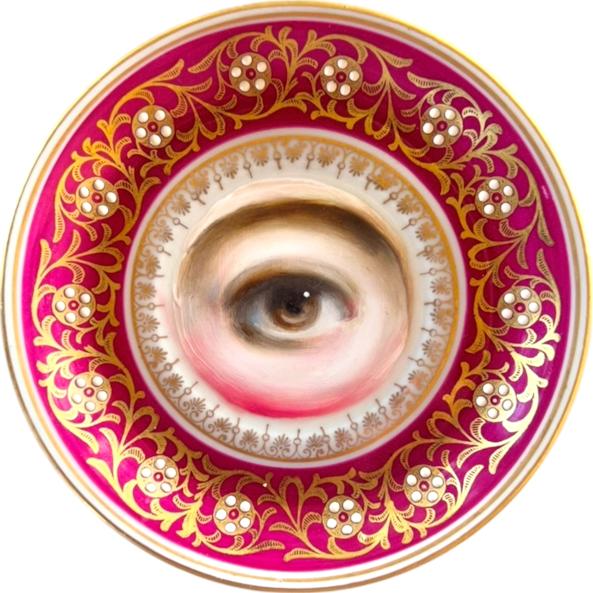 No. 2569 Lover's Eye Painting on a Mini Bavarian Deep Pink and Gilt Plate with Flowers